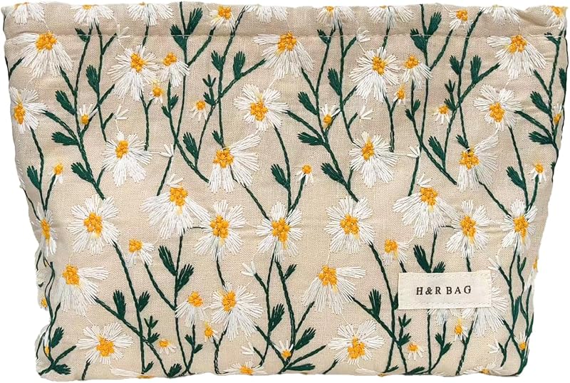 Necessaire de lona com bordado floral Mussepera Daisy White, 20,07 x 17,53 x 5,08 cm, Pacote com 1