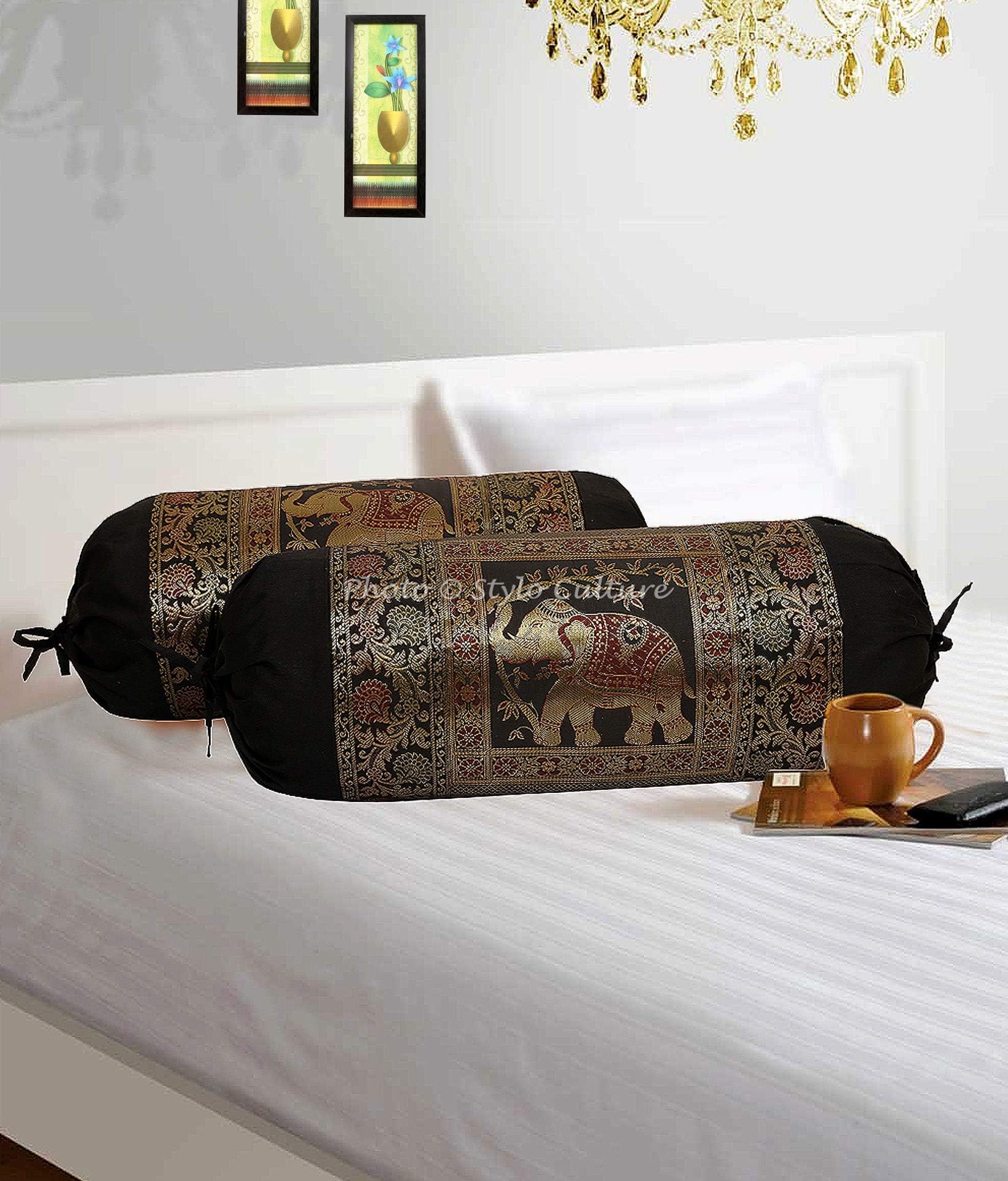 DK Homewares Indian Jacquard Bolster Pillow Cover – Silk Brocade, Elephant Pattern, Dark Green, 30x15 Inches – Cylindrical Cushion Cover - View #4
