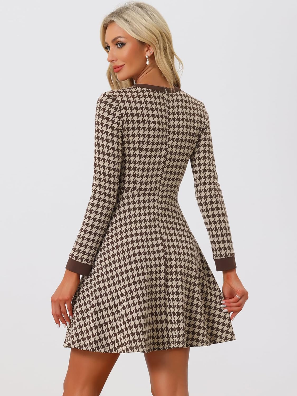Allegra K Women's Houndstooth Plaid Contrast Color Elegant Business Work A-Line Dress - Image 4