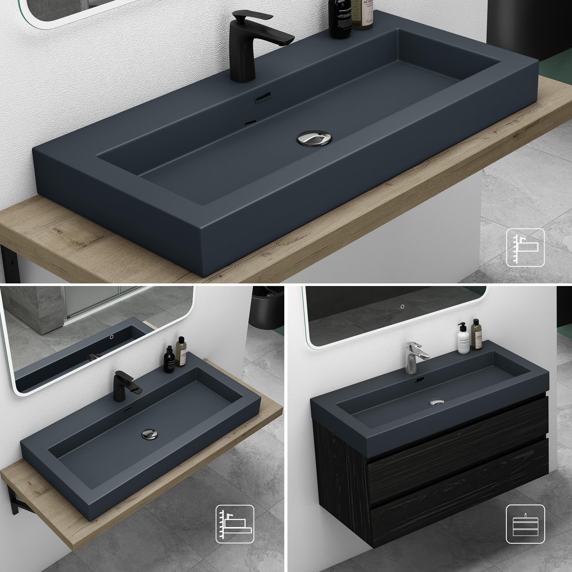 Mai & Mai Lavabo sobre Encimera Baño | Rectangular | Antracita Mate | Mármol Fundido | 60x48x12cm | con Rebosadero y Orificio para Grifo | Colossum18