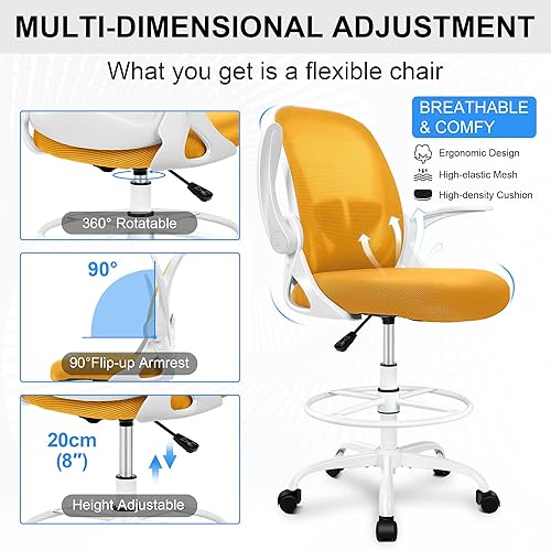 Vista 5 de Primy Drafting Chair Tall Office Chair with Flip-up Armrests Executive Ergonomic Computer Standing Desk Chair with Lumbar Support and Adjustable