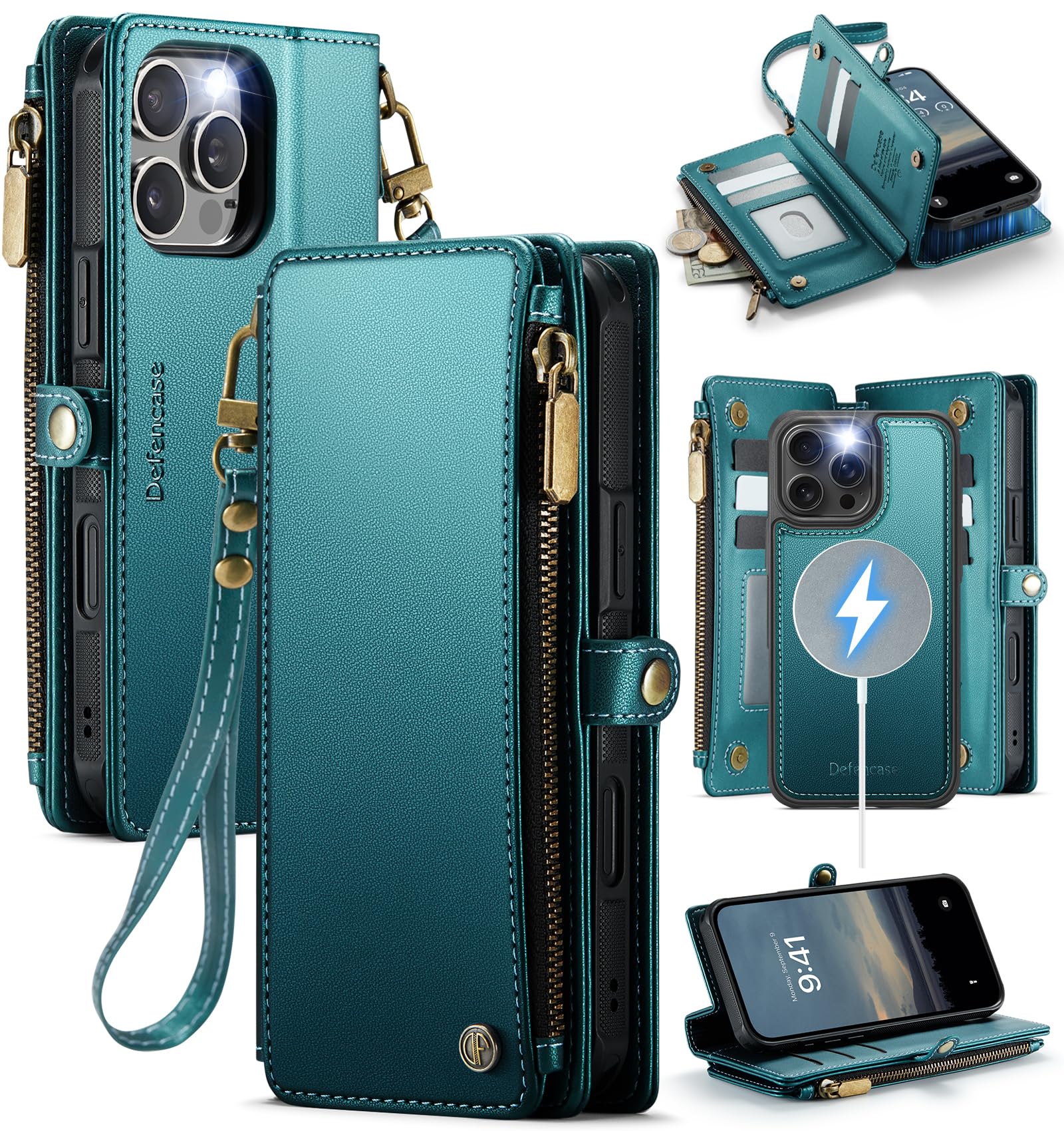 Photo 1 of Defencase for iPhone 16 Pro Magnetic Wallet Case Compatible with Magsafe with RFID Blocking Zipper Strap Card Holder for Women Men PU Leather Detachable Case for iPhone 16 Pro (6.3 inches), Blue Green
