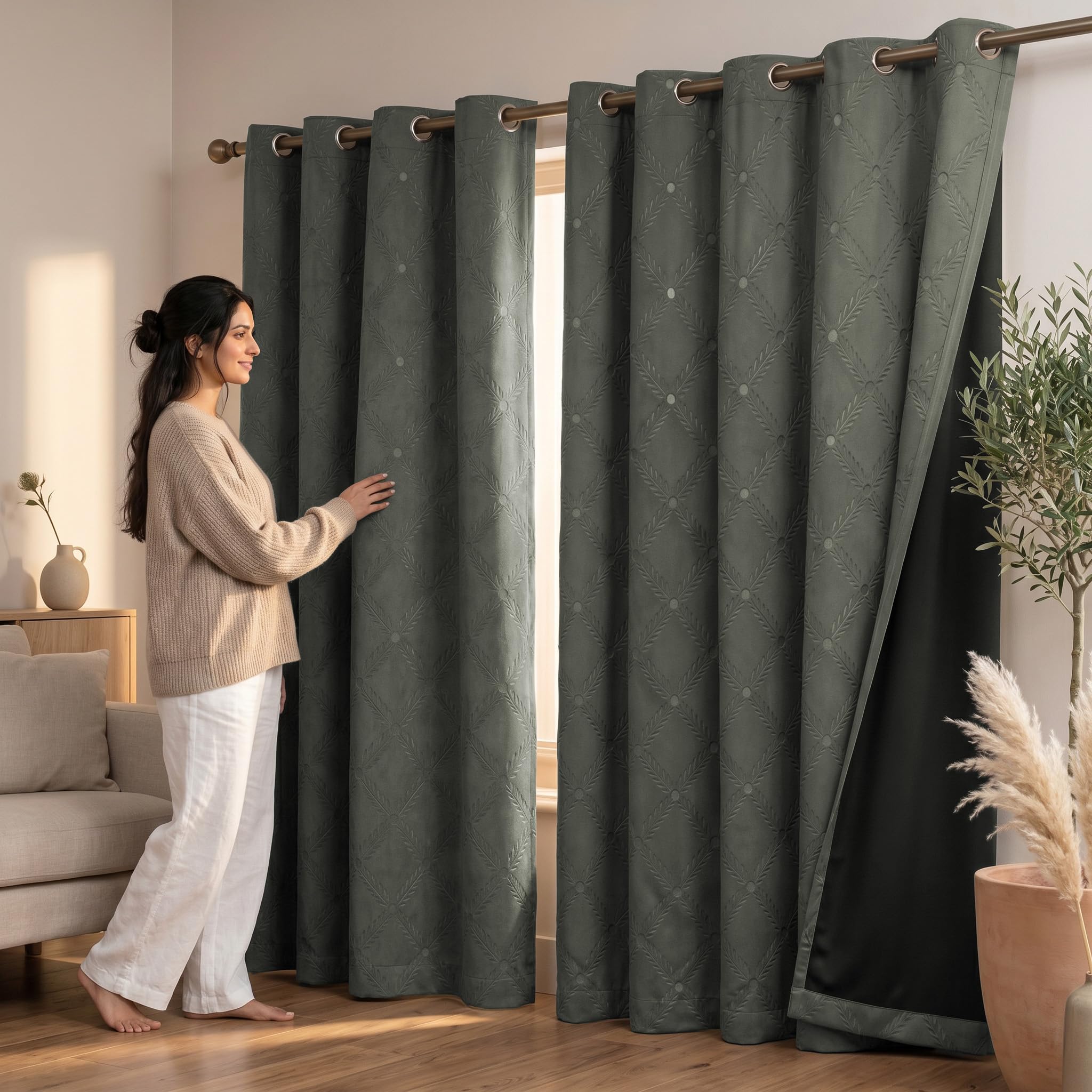 LINENWALAS 100% True Blackout Long Door Curtains 9 Feet Long Set of 2 | Embossed Moonlight Design | Room Darkening Curtain | Thermal Insulated Curtains for Living Room, Bedroom (129 x 274 cm, Grey)