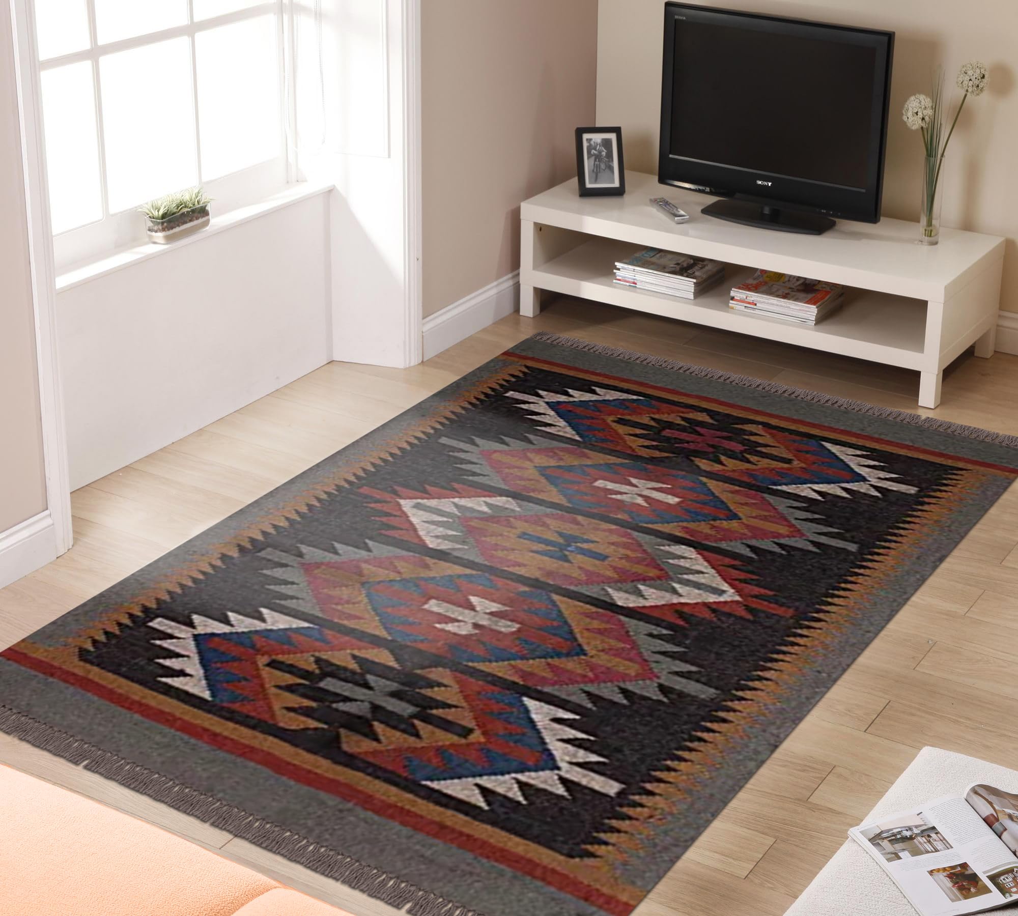 Tappeto reversibile in lana e iuta, 6 quadrati, nero e multi lana, tappeto kilim tessuto a mano, per interni ed esterni, ecologico, in lana, juta, tappeto per comodino, tappetino quadrato da