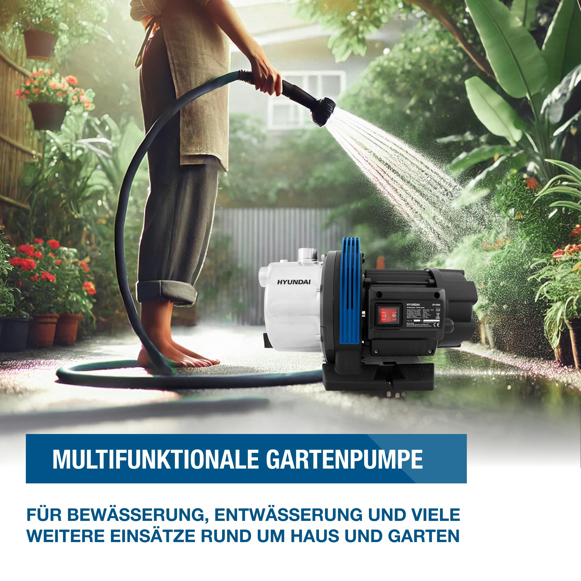HYUNDAI Gartenpumpe GP12050 | 1200 W, Fördermenge 5.000 l/h | Förderhöhe: max. 50 m, Ansaughöhe: max. 8 m | Edelstahl-Gehäuse | Wasserpumpe