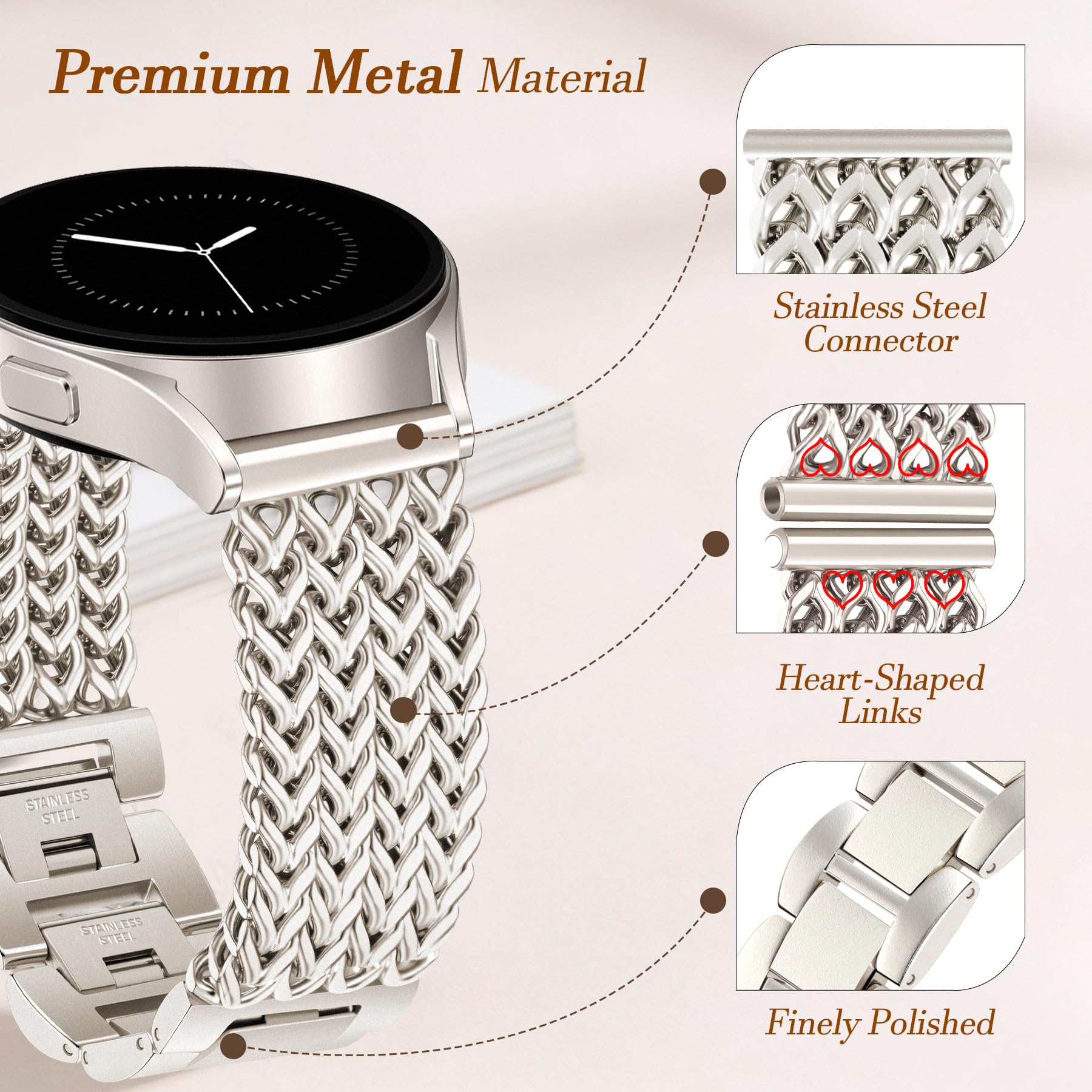 JR.DM Starlight Bracelet de montre en métal de 20 mm pour femme – Bracelet élégant en acier inoxydable compatible avec Samsung Galaxy Watch 7/6/5/4/Active 2/4 6 Classic/5 Pro/FE 40 mm, 42 mm, 43 mm
