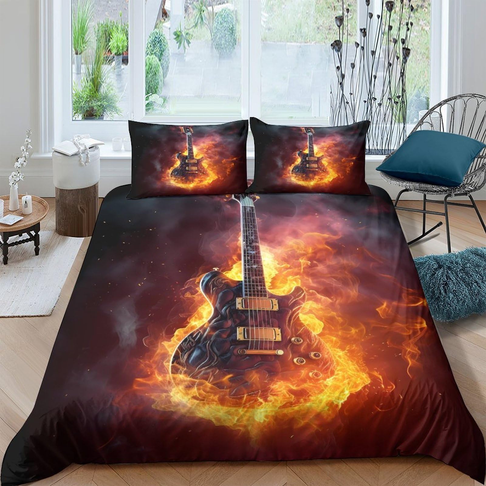 TUFRTGYHN 3D Printed Fire Guitar Duvet Cover Microfiber Soft Breathable Flaming Rock Bedding Set with 2 Pillowcases for Bedroom Decor Single（135x200cm）