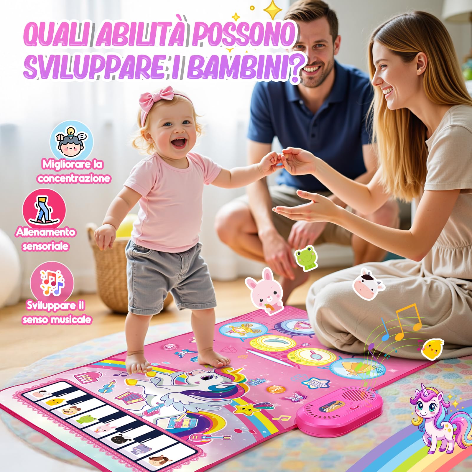Dromlag Giochi Bambina 1 Anno, Tappeto Musicale 3 in 1 con 6 Strumenti E Registrazione Unicorno Regalo Gioco Bambina 1-3 Anni, Giocattoli Giochi Sensoriale Regalo Bimba 1-3 Anni
