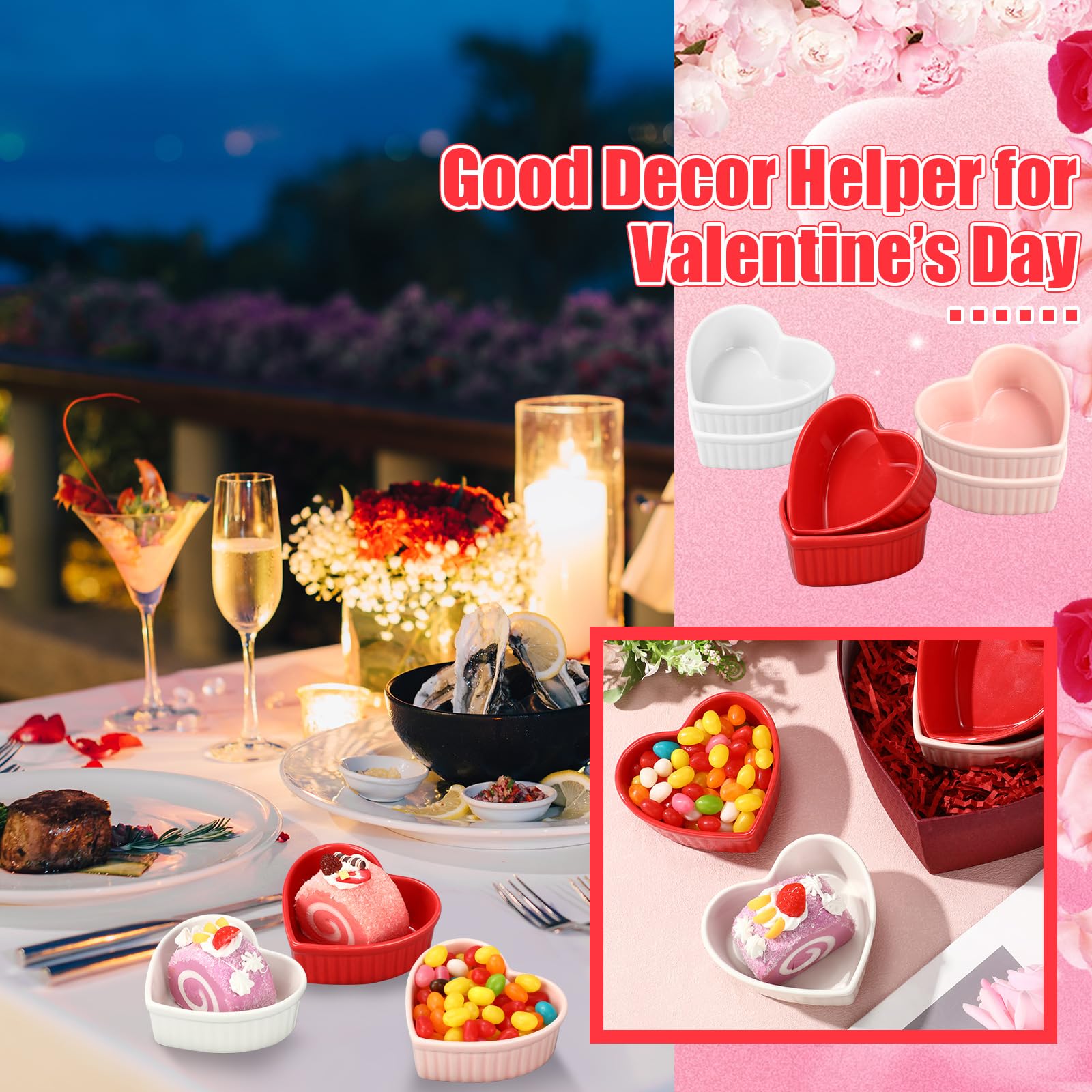 Ramequines de cerámica con forma de corazón para el día de San Valentín, 6 onzas, aptos para horno, platos de crema brulee, cuencos pequeños para hornear, para cocina, fiesta, aperitivos, servir,