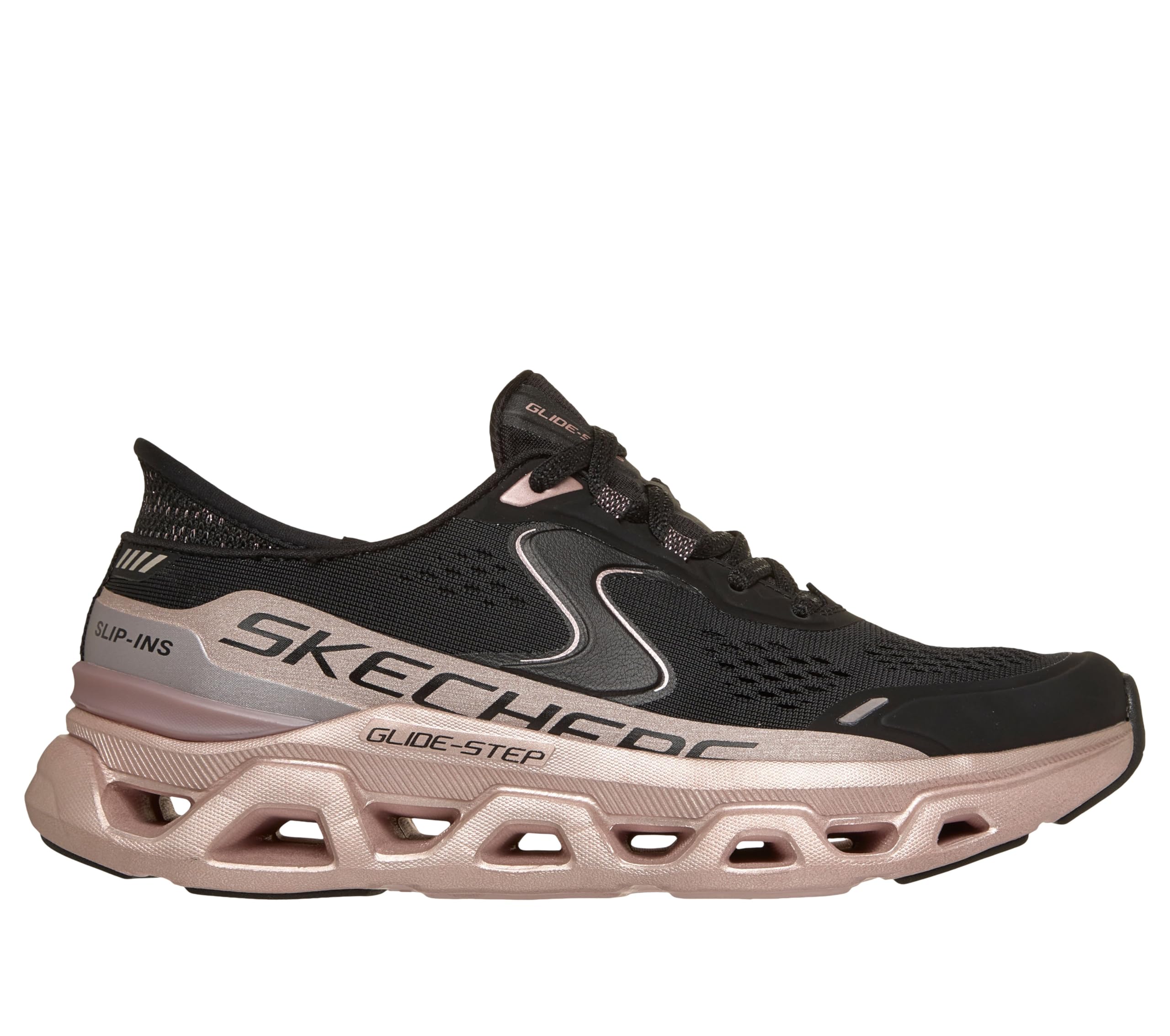 Skechers Women's Black,Rose Gold Slip-Ins: Glide-Step Altus - Starlight Shine Sneaker In Black/Rose Gold, Size 6.5 | Synthetic/Textile, Vegan, Machine Washable