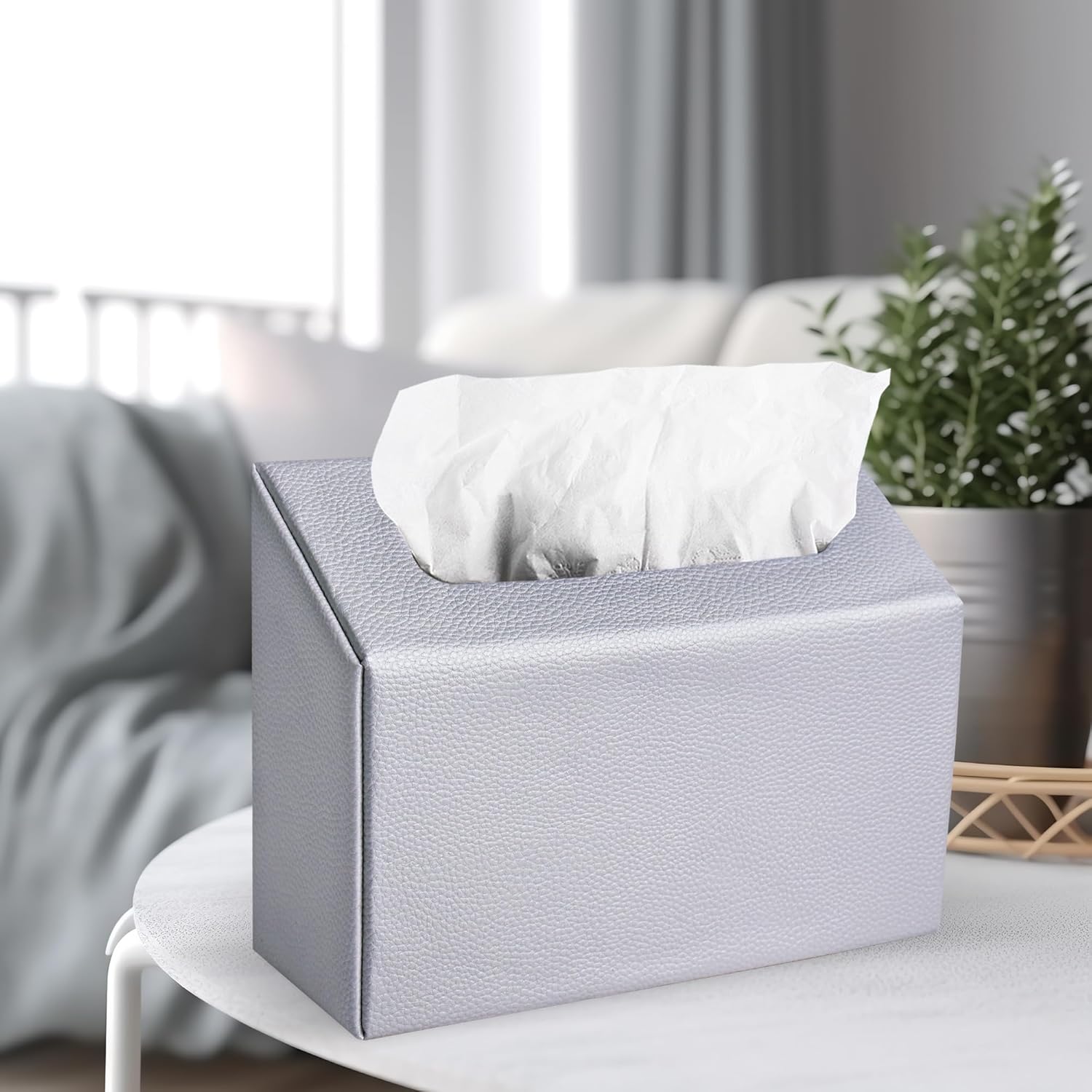 QIELIZI Hand Towels Box Cover,PU Leather Tissue Box Cover Holder Compatible with Kleenex Disposable Paper Hand Towels Suitable for Dining,Kitchen,Bathroom(1-Lychee Silver)