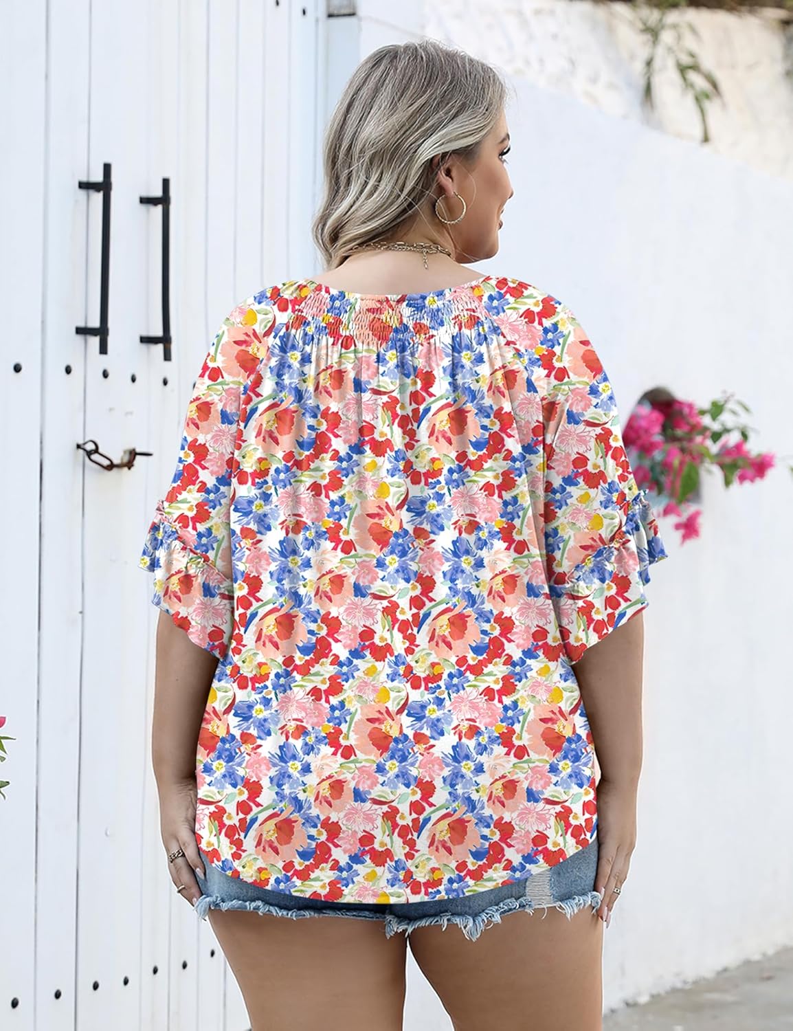 Micoson Womens Plus Size Tops 3/4 Ruffle Sleeve Shirts Crewneck Pleated Blouses Dressy Casual Fashion Tunic Top (1X-5X) - Image 2