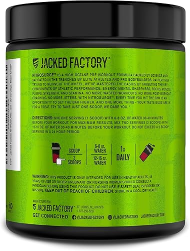 Miniatura 56 de Jacked Factory - Suplemento preentrenamiento Nitrosurge - Energía, aumento de la fuerza, concentración clara, bombeo intenso - Polvo energético