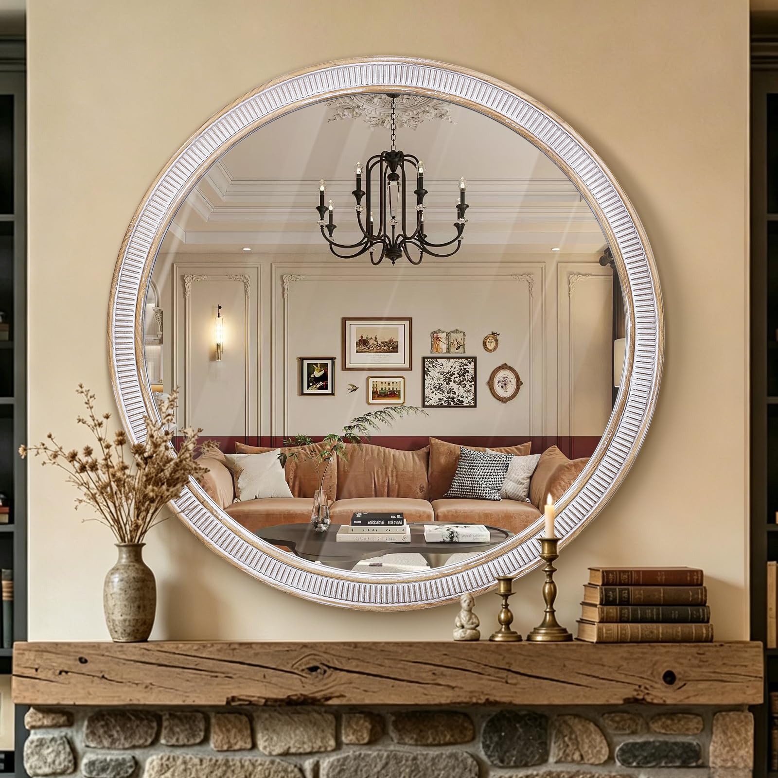 Wood Round Mirror for Wall Decor, 30 Inch Boho Circle Mirror for Bathroom