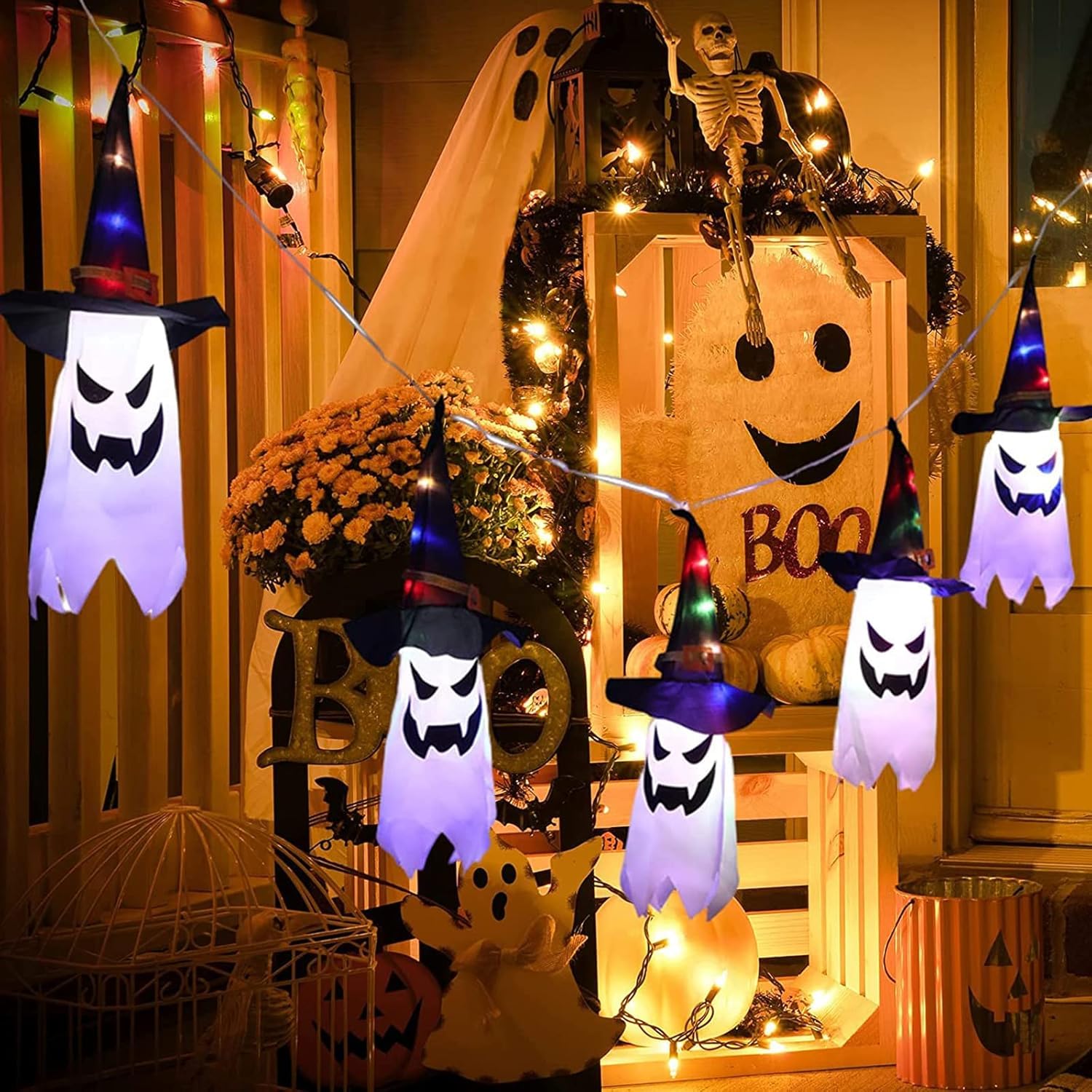VUCATIN Halloween Hanging Ghost String Lights, 5 LED Colorful Lights Glowing Decor Light for Porch Yard Garden Indoor Outdoor (B)