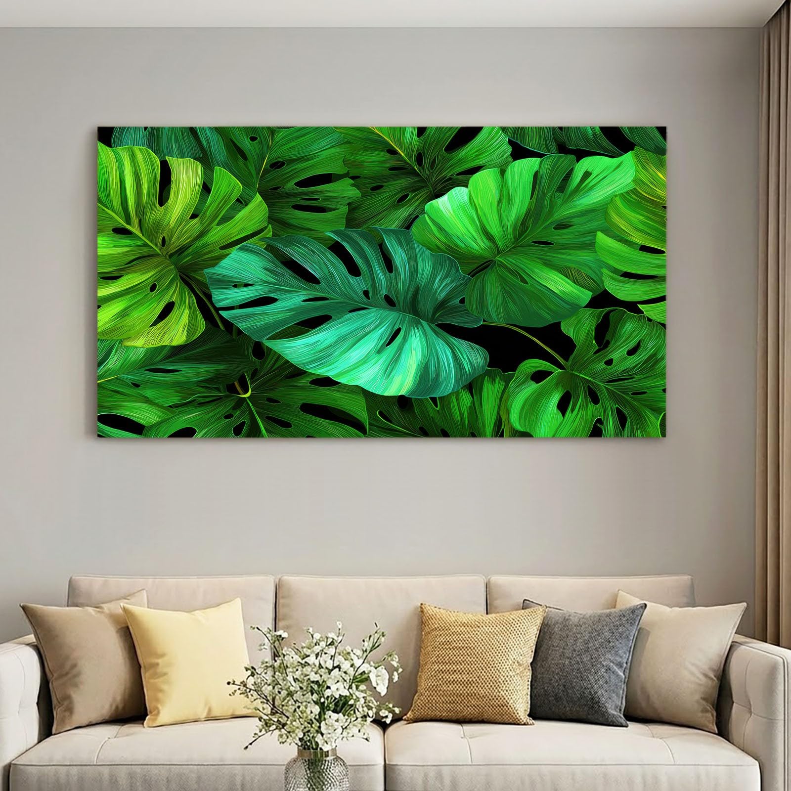 Obraz ścienny z tropikalnymi roślinami, obraz na płótnie - ściana na płótnie 120 x 80 cm, druk na płótnie z liściem monstery, oprawiona sztuka ścienna do salonu i sypialni, dekoracja ścienna, zielony