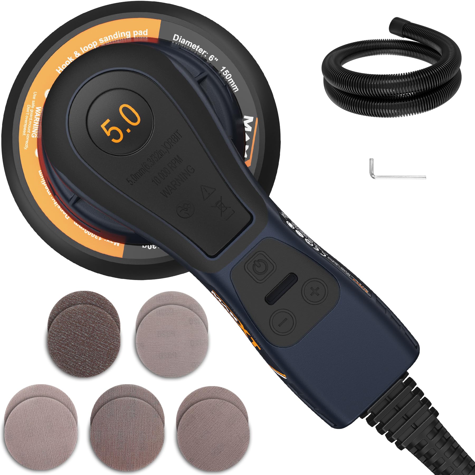 MAXXT Ponceuse Excentrique Sans Balais 5,0 mm 230V avec câblage à trois noyaux - Ponceuse électrique polyvalente avec vitesse variable et 10 disques abrasifs