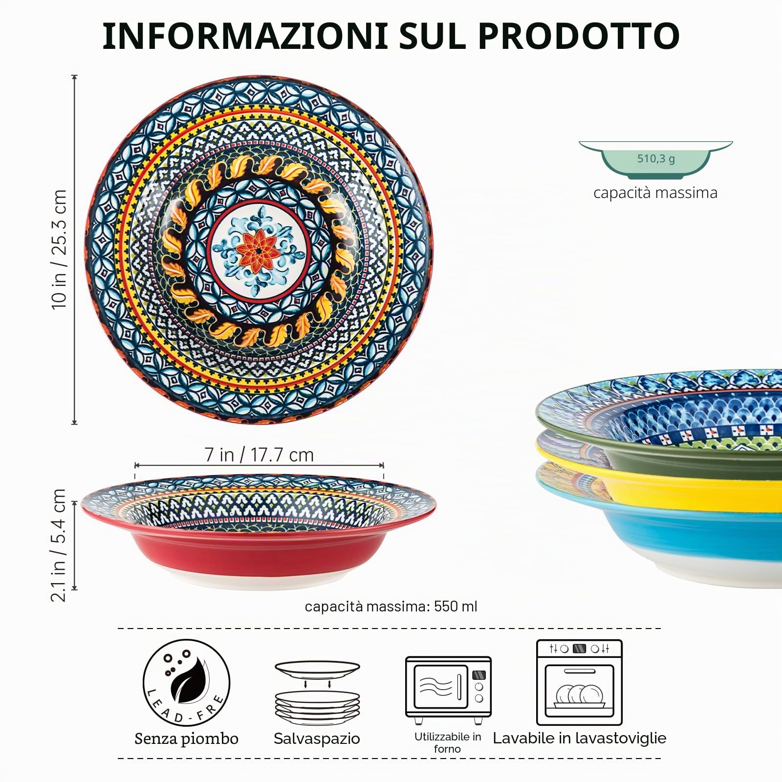 HENXFEN LEAD Set di 4 piatti fondi in porcellana, 550 ml, piatti per pasta con bordo largo per insalata, zuppa, cereali, pasta, stile bohémien