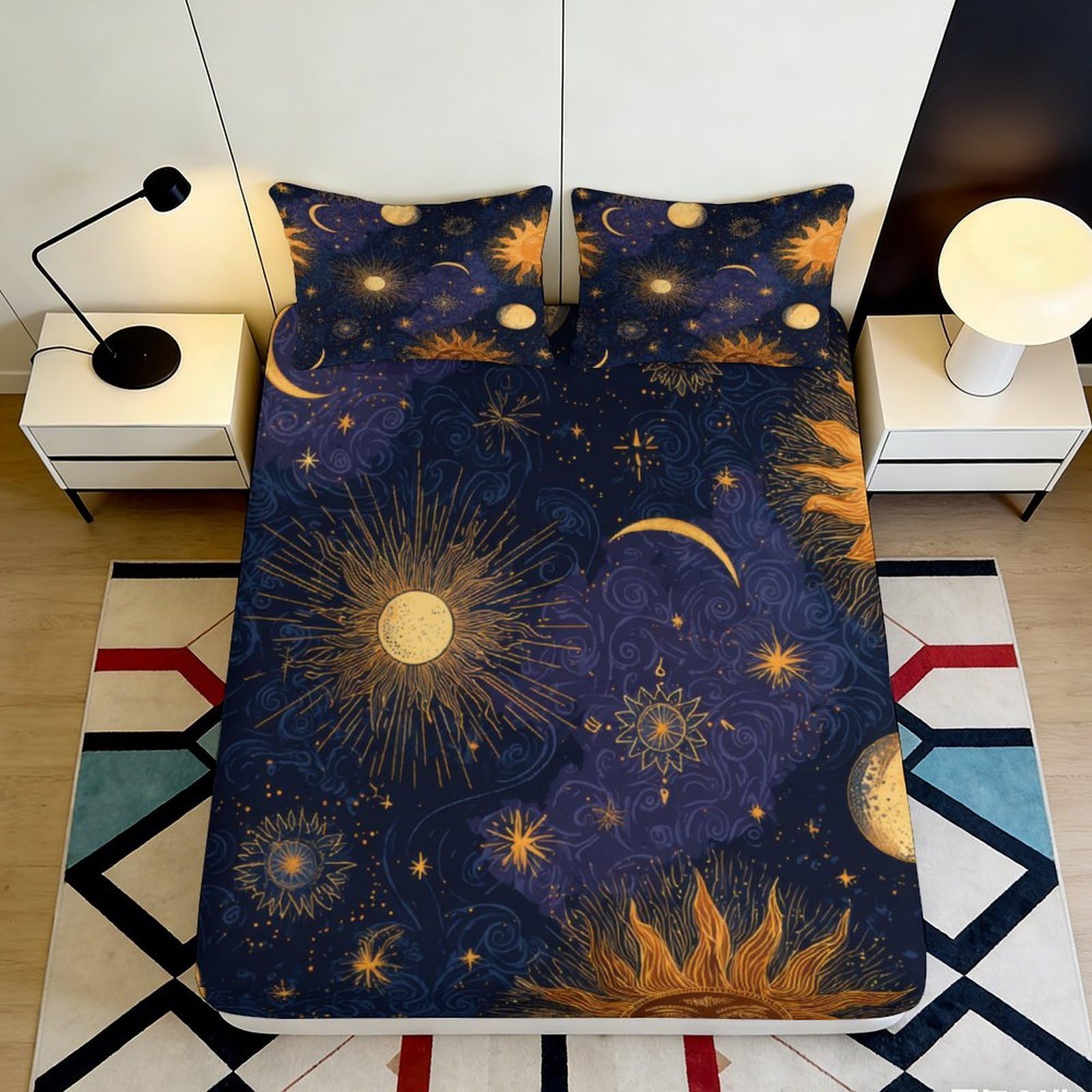 Celestial Decor Fitted Sheet, 3D Printed Sun Moon Star Pattern, Microfiber, Soft Touch, Bed Sheet, Home Bedroom Apartment Bedding 180x200x25cm