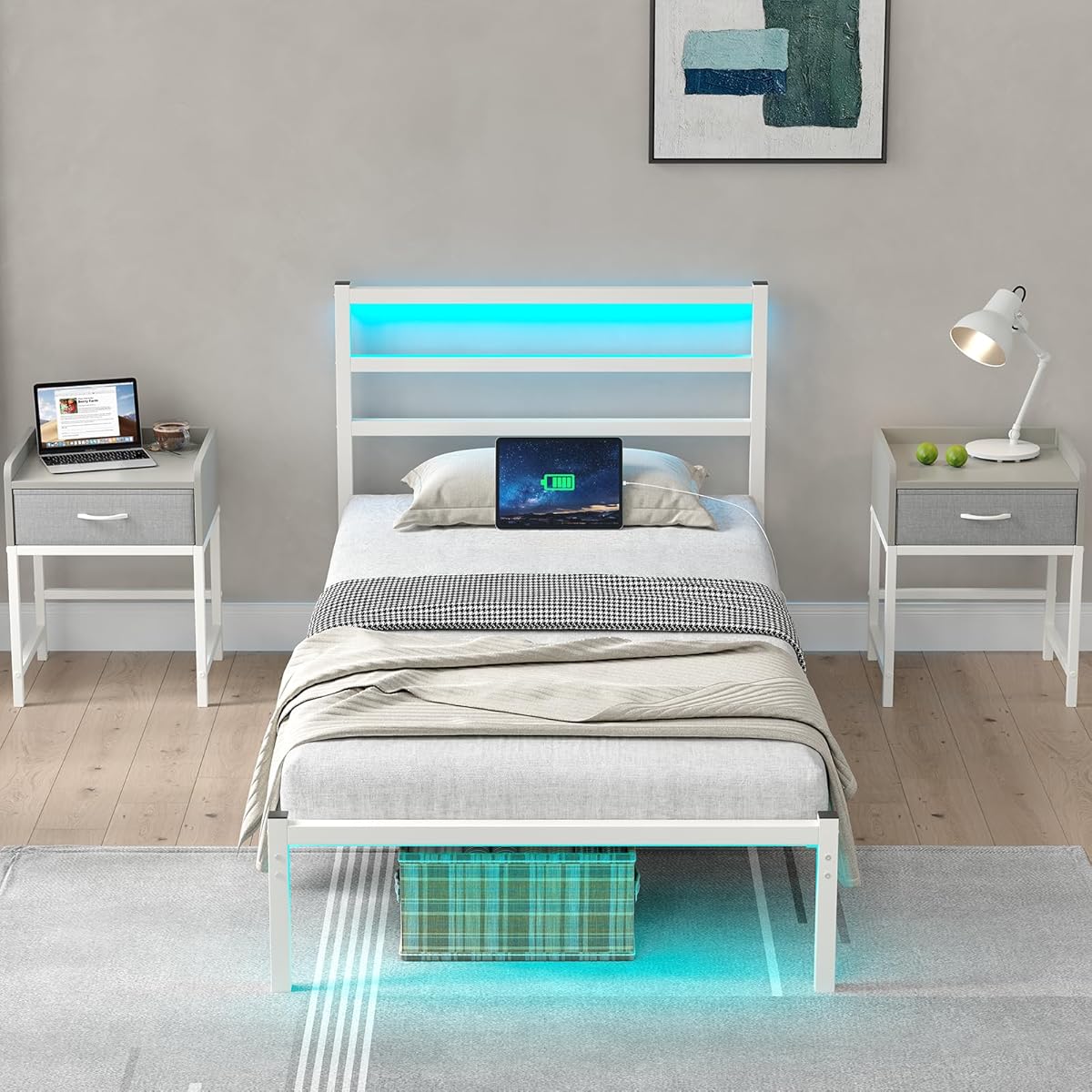 CollaredEagle Twin Size Bed Frame with Headboard, Metal Platform Bed Frame with LED, Charging Station, No Box Spring Needed, Easy Assembly, Noise Free, White