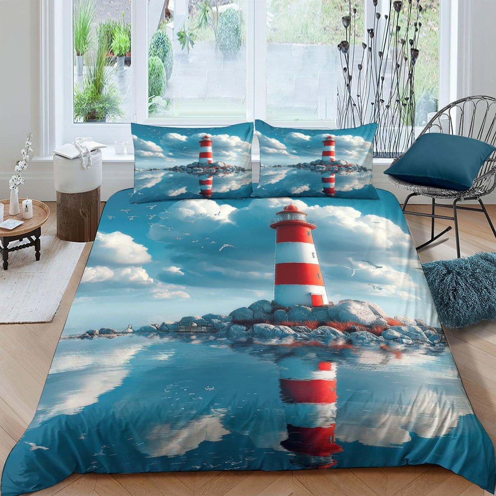 XFKLYNVCJ 3D Printed Lighthouse seaside Duvet Cover Polyester Coastal scenic style Bedding Cover Quick Drying Hypoallergenic Wrinkle Resistant for All Season Home Bedding Single（135x200cm）