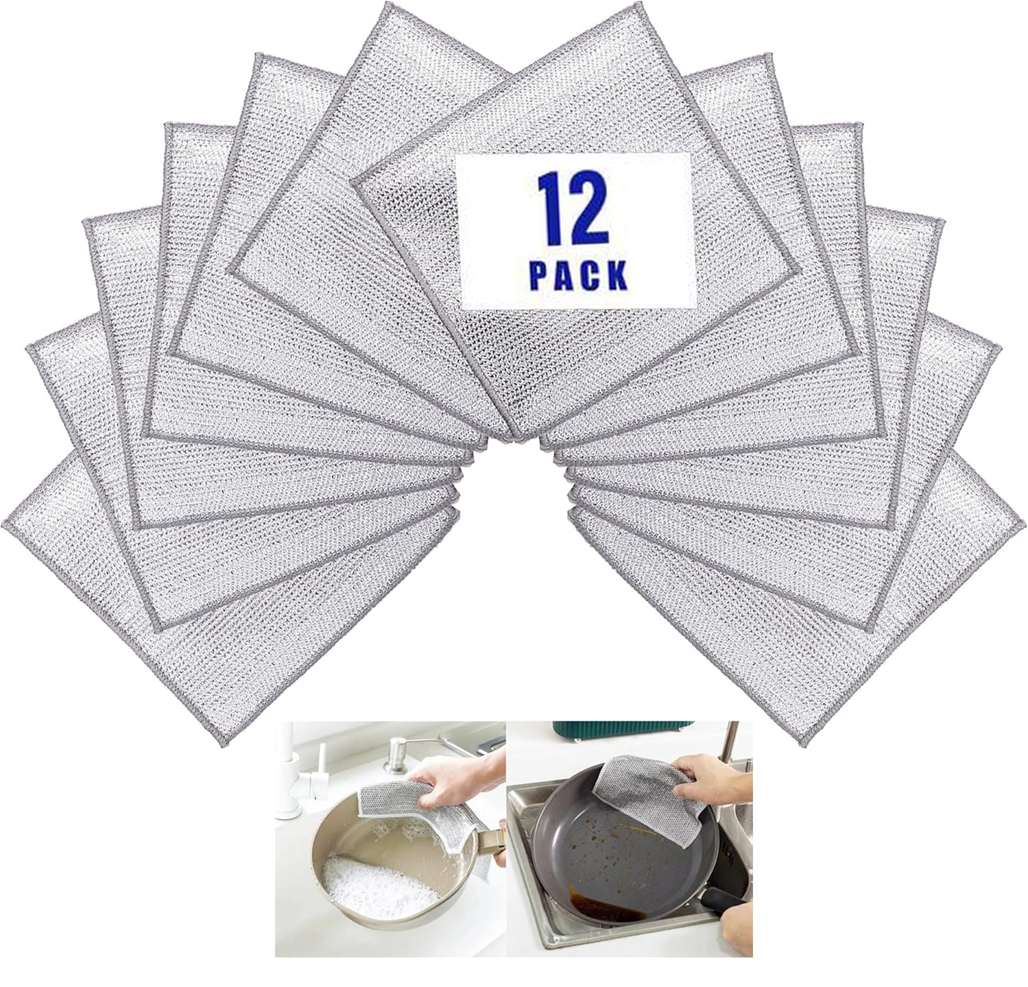 Funklu Paños de Alambre Multiusos, 12Pcs Trapos de Alambre Antiarañazos, Paño de Cocina Húmedo y Secos, Reutilizable de Alambre Lavar Platos, Paño de Limpieza de Alambre de Cocina