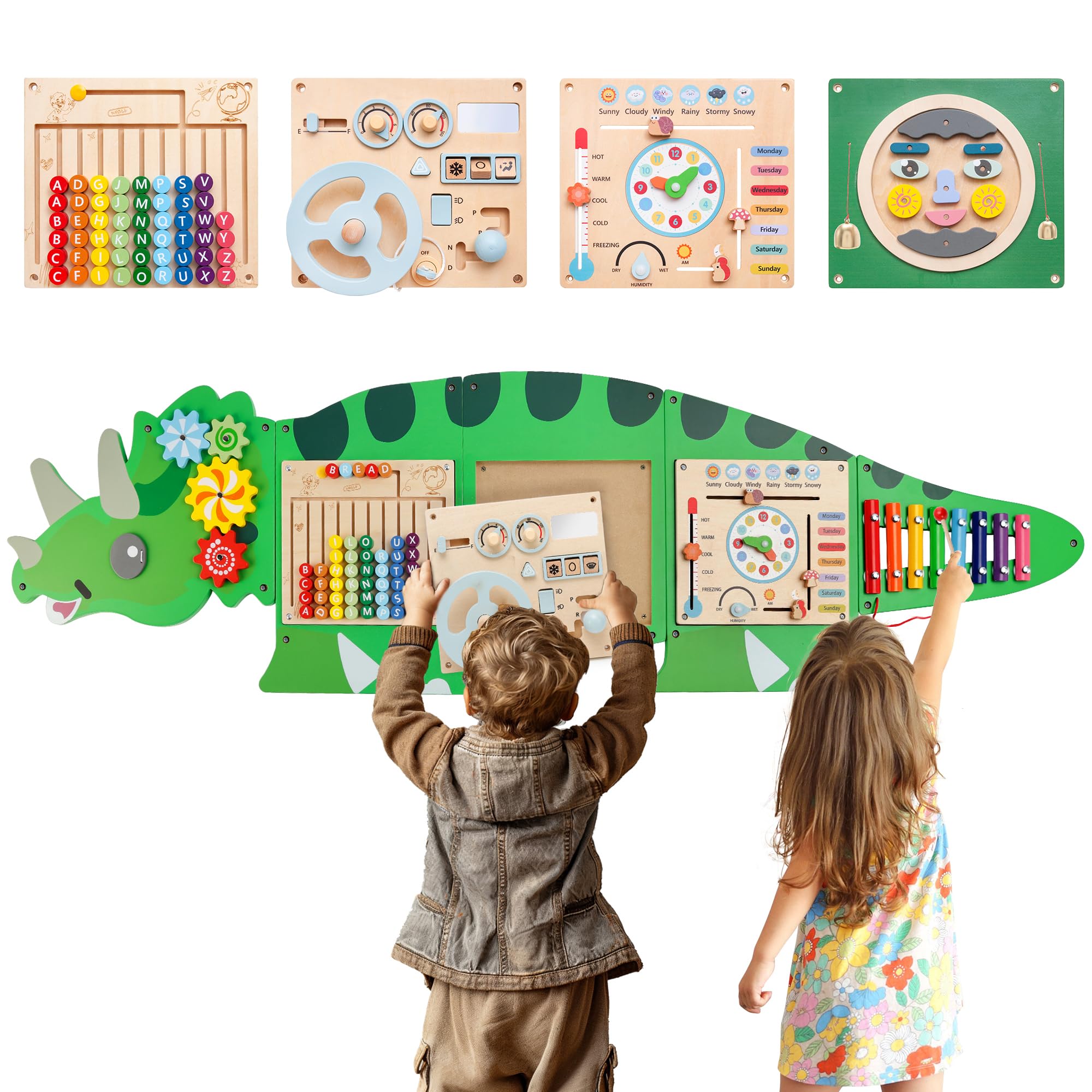 MONT PLEASANT Montessori Busy Board Dinosaur Educational Toy, 4 Interchangeable Wooden Sensory Activity Board Wall Panel for Kids, Sensory Learning Toy for Boys and Girls Playroom, Toddler Room Decor