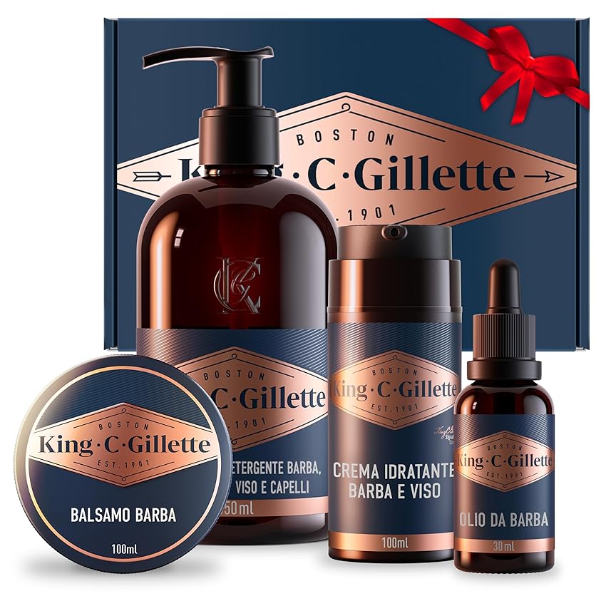Immagine del prodotto King C Gillette Kit Regalo Completo Per Cura Barba Uomo, Detergente, Balsamo, Olio e Crema Idratante Per Barba E Viso, Blu, Idea Regalo