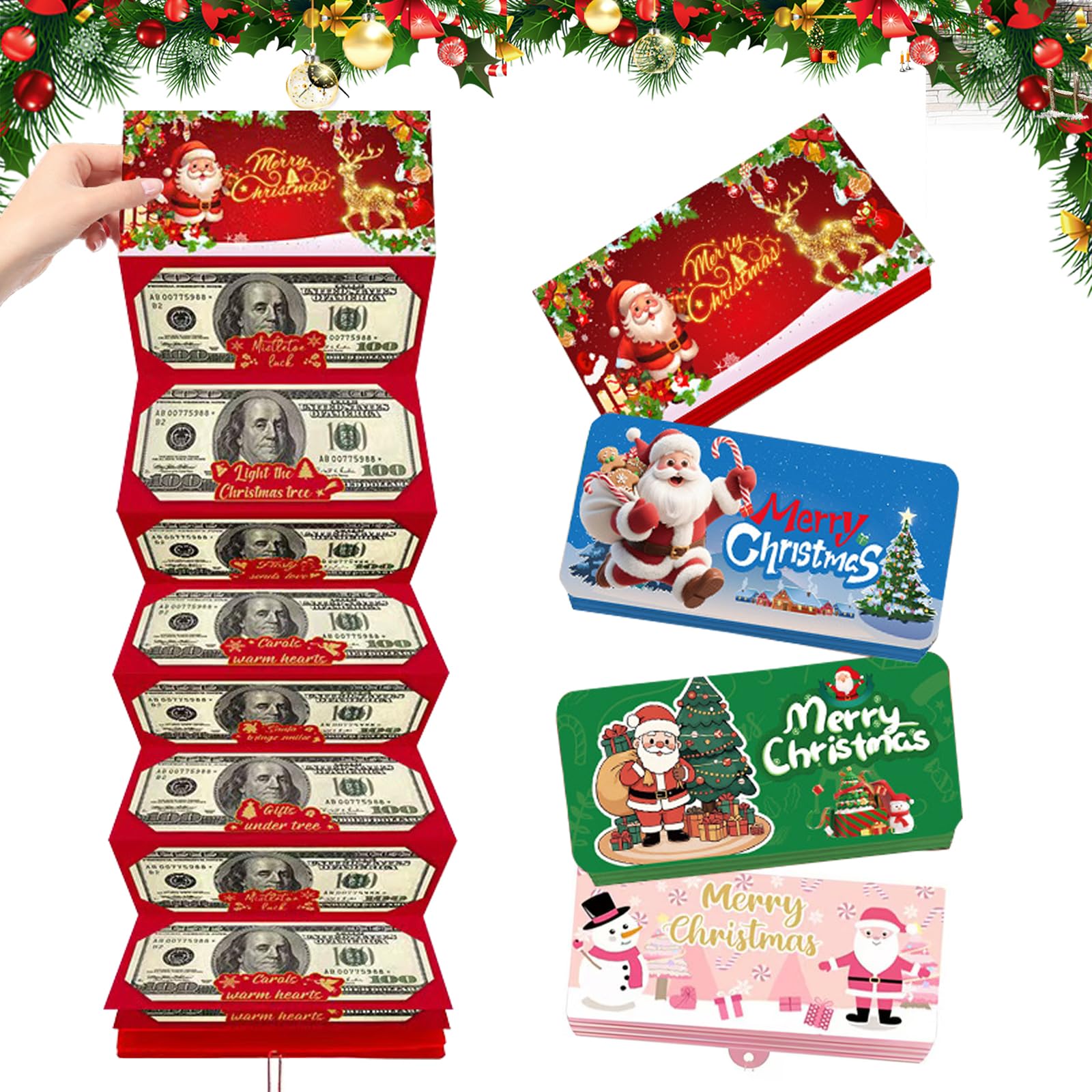 Christmas Stocking Stuffer 4 Packs Christmas Gift Card Booklet Money Envelopes for Cash,Christ mas Money Holders with 6 Slots for Cash Envelope Wallet