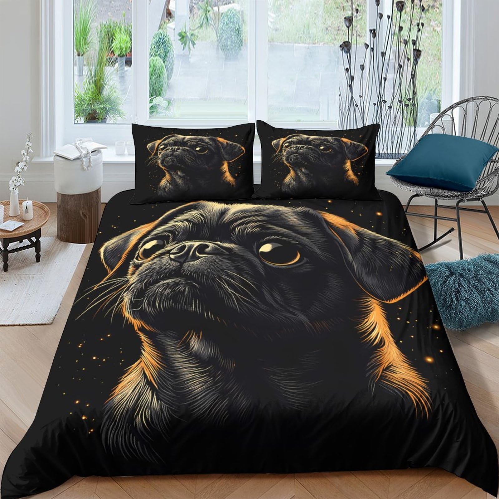 Ctjqhvkz Style-6 3D Printed Black Pug Fitted Sheet Microfiber Soft Washable Dog Portrait Bed Cover For Bedroom Dorm Mattress Protection Decor Single（135X200cm）