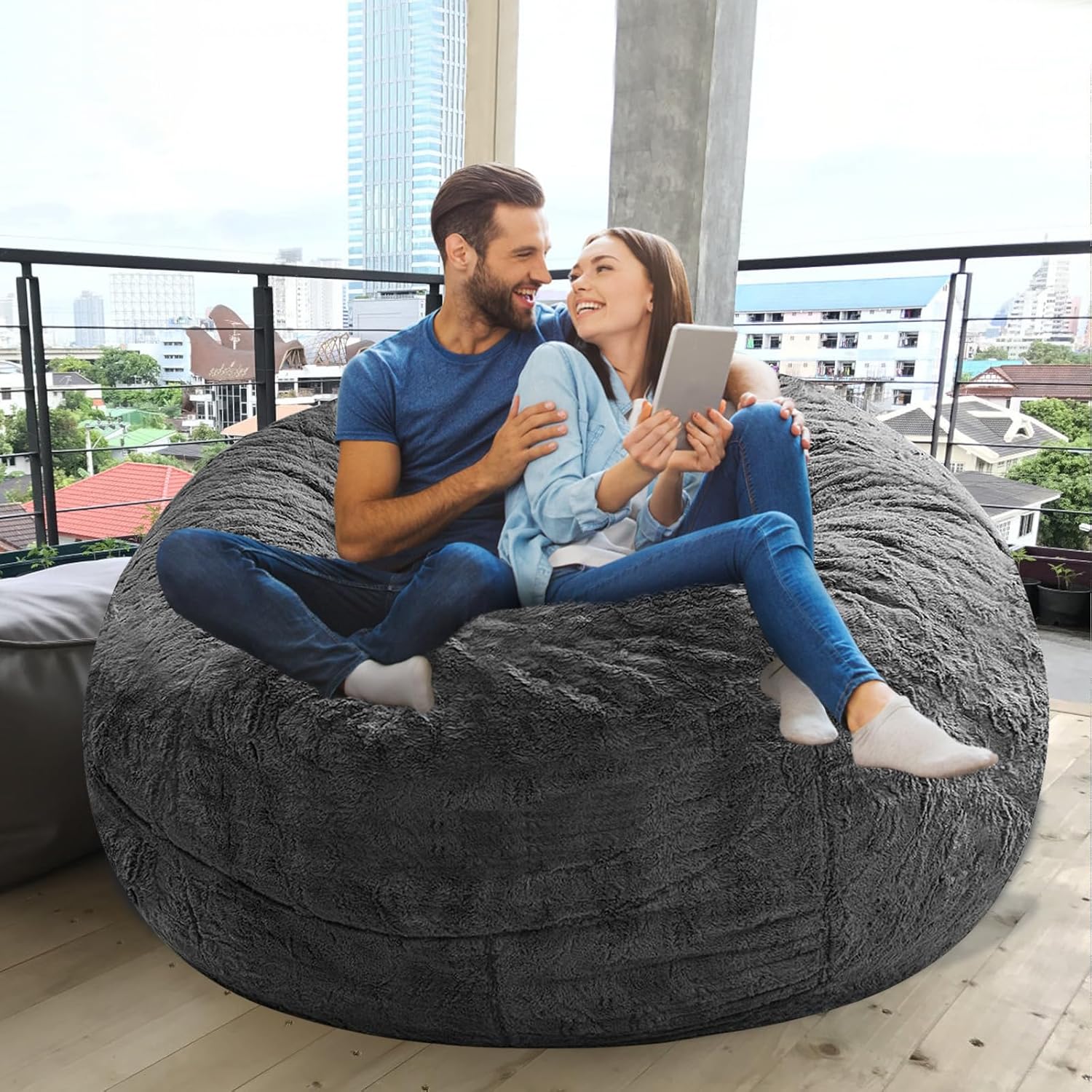 cjc Oversized Bean Bag Chair Cover for Adults,Living Room Furniture Soft Washable Microfiber Kids Cover,Lazy Sofa Bed PV Velvet (Cover only) (Dark Grey, 5FT 135 * 65cm)