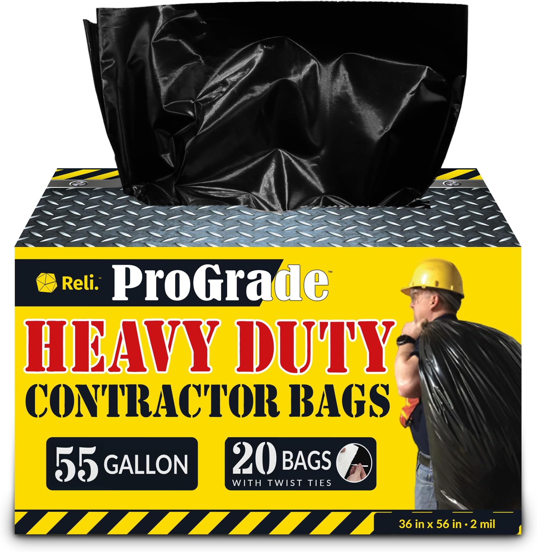 - Reli. Contractor Garbage Bags 55 Gallon | 20 Trash Bags | Heavy Duty | Black Contractor