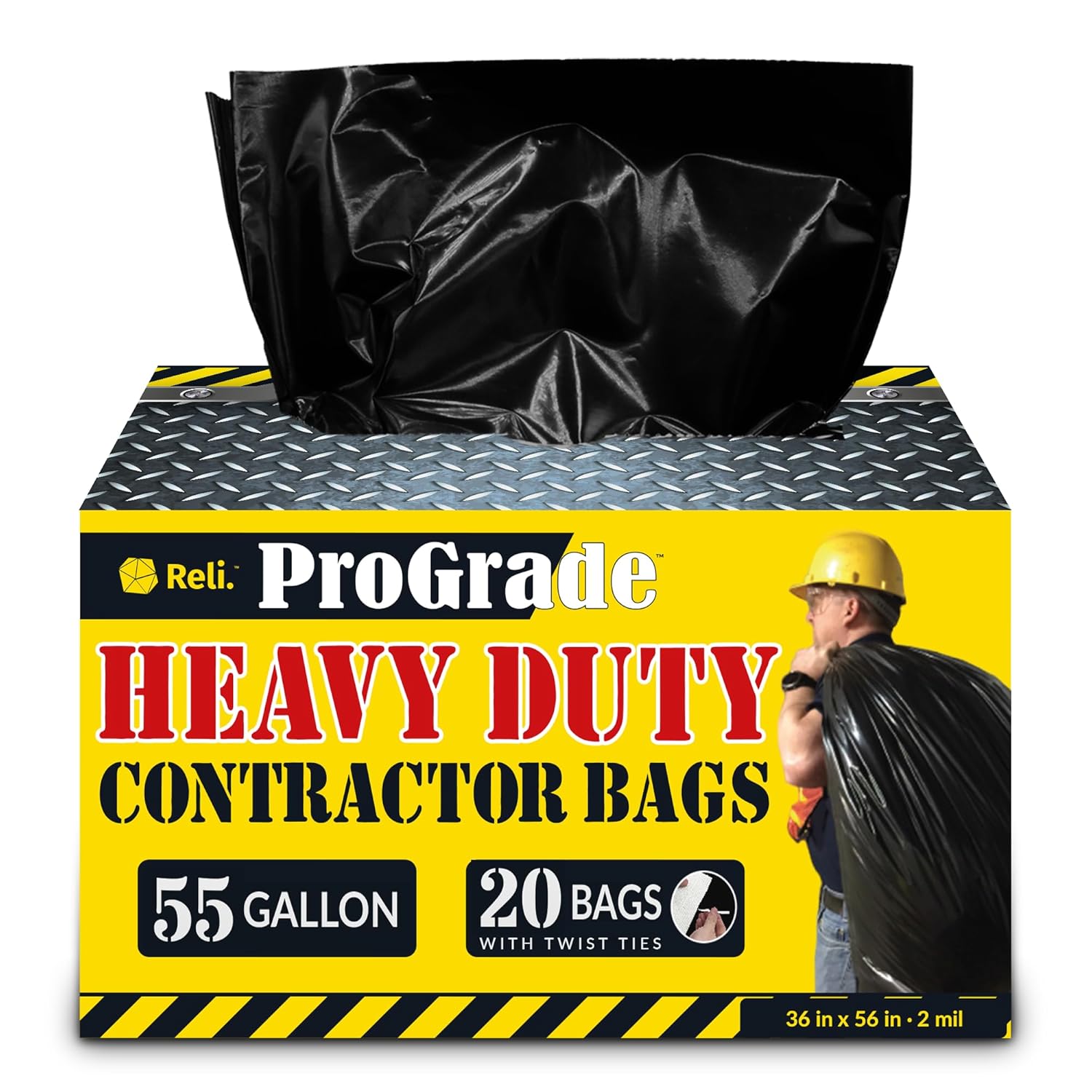 Reli Contractor Garbage Bags 55 Gallon 20 Trash Bags Heavy Duty Black Contractor