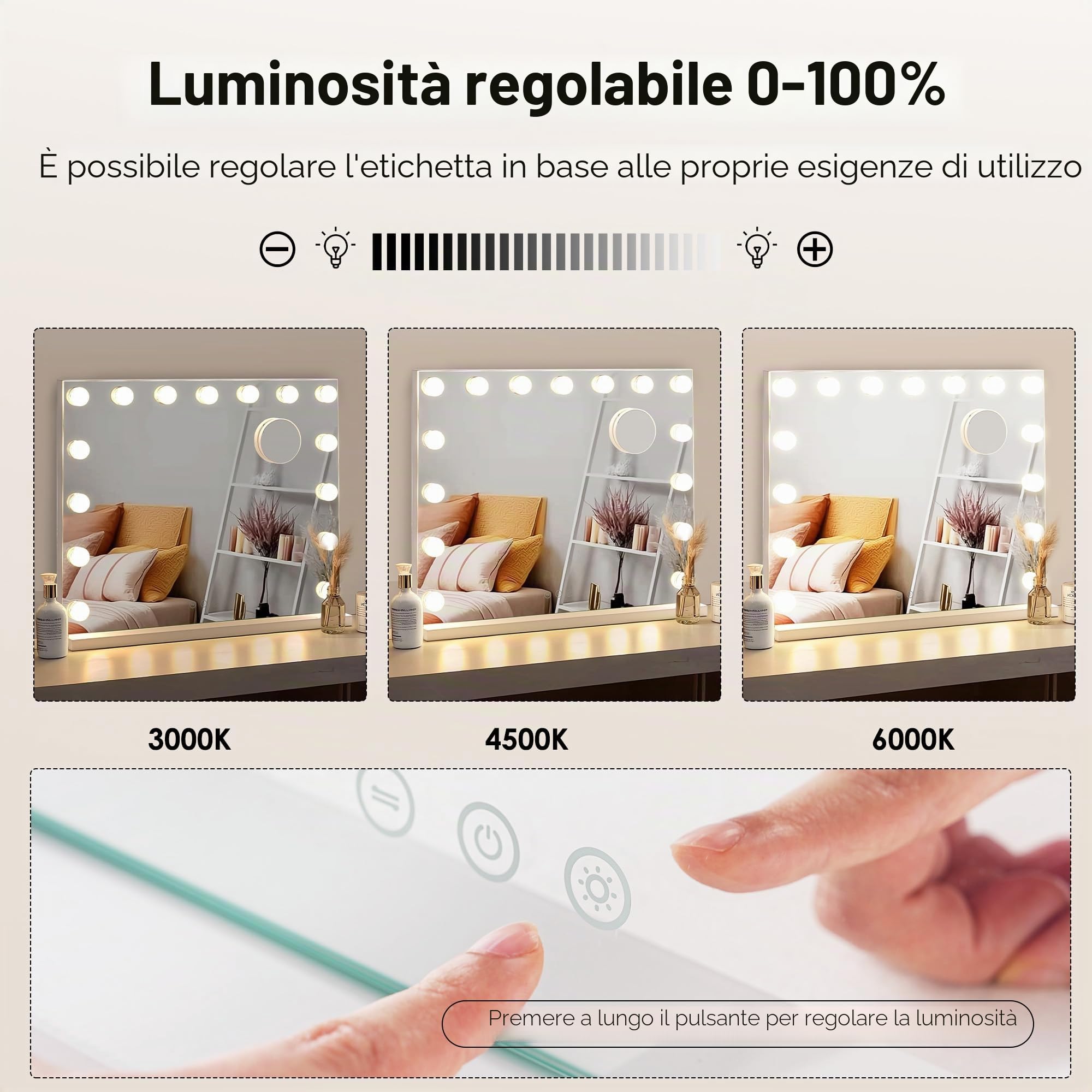 SogesPower Specchio per trucco luminoso Hollywood, posa libera/parete | 3 toni (3000K/4500K/6500K) | USB + memoria | specchio 4 mm senza rame | lente 5X | supporto ferro 10kg