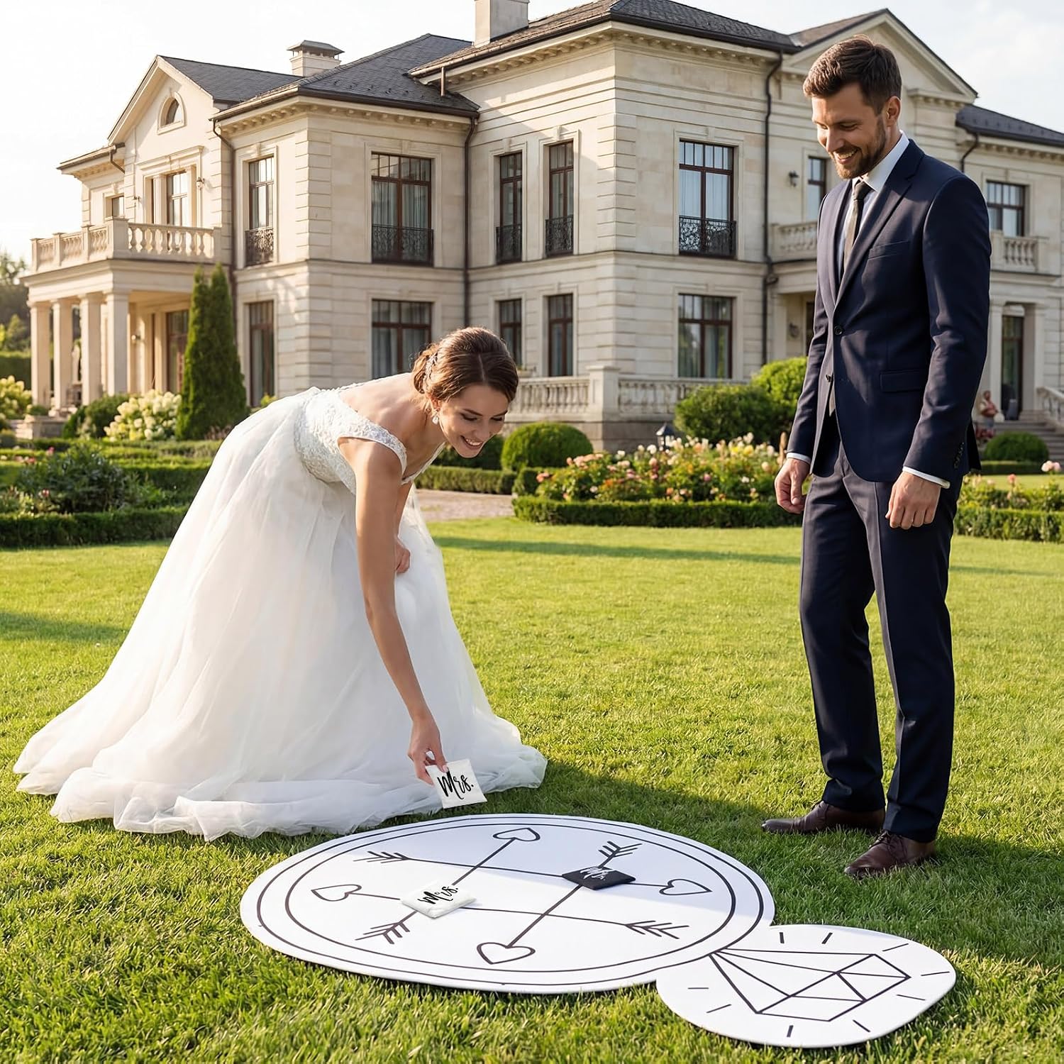 3.28 x 4.4 ft Giant Wedding Tic Tac Toe Ring Shaped Bean Bag Toss Wedding Reception Games Outdoor with 5 Mr Black Bags and 5 White Mrs Bean Bags for Guest Bridal Shower Party Favors
