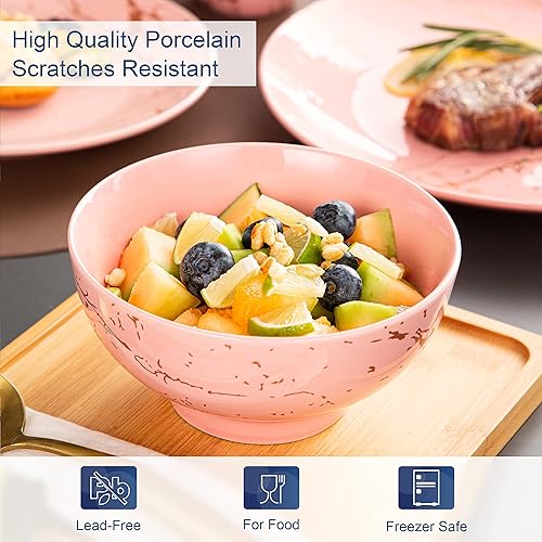 Miniatura 4 de LOVECASA Juego de vajilla rosa para 4, juego de platos de porcelana de 16 piezas y cuencos con tazas, juego de platos redondos de esmalte dorado