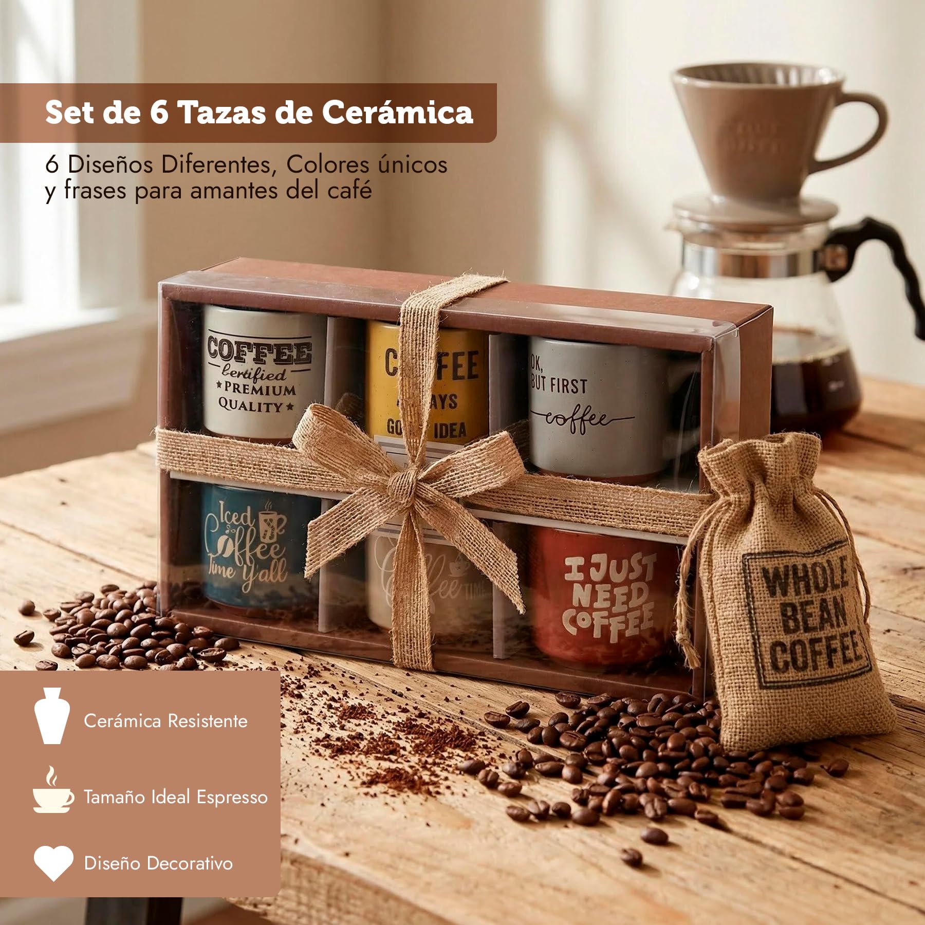 Set de 6 Tazas de Café de Cerámica con Frases Divertidas – Tazas Apilables para Espresso, Café con Leche o Americano – Aptas para Microondas y Lavavajillas – Caja Regalo con 6 x (Lungo / Con Leche) - 2