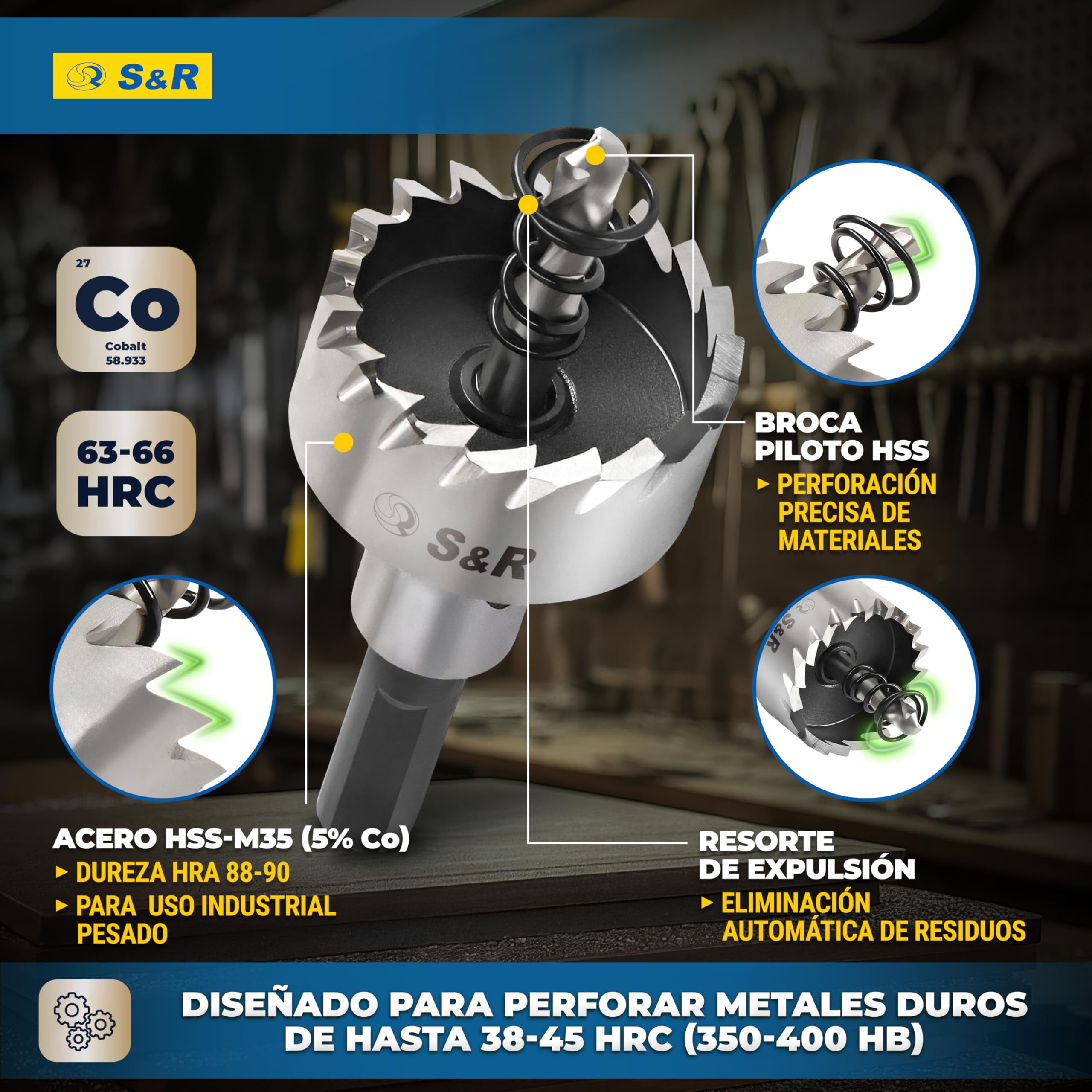 S&R Brocas Sierra Coronas Perforadora Metal. - Juego de 5 Fresas a Taza: 16 + 18,5 + 20 + 25 + 30 mm HSS Cobalto 5% - HRC 64-66