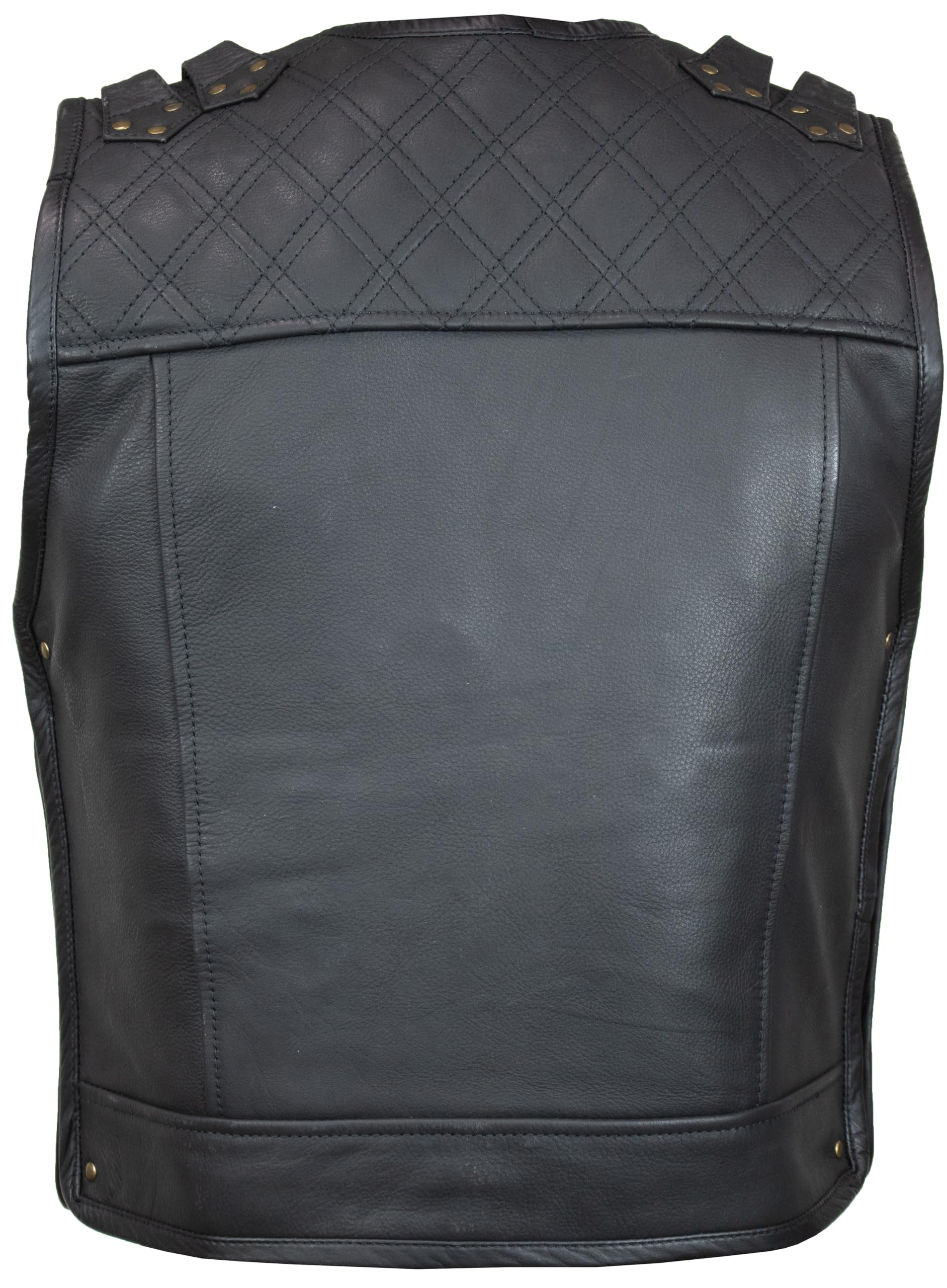 Gilet Moto Uomo In Vera Pelle Nera - Gilet Pelle Uomo Biker Con 3 Chiusure A Gancio, 6 Tasche, Spalle Trapuntate, Fibbie Regolabili, Laterali Espandibili - Smanicato Moto O Giacca Biker Senza Maniche
