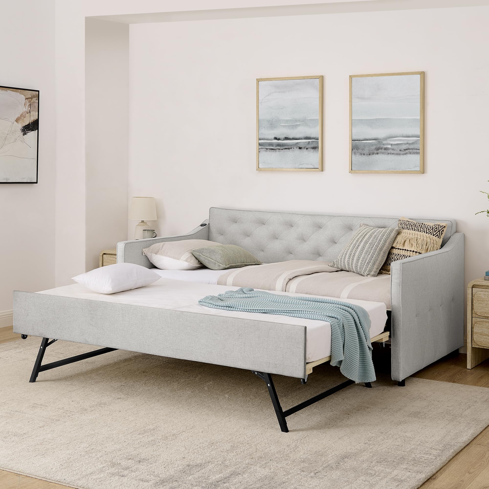 KEIKI Twin Size Upholstery Daybed with Pop-up Trundle
