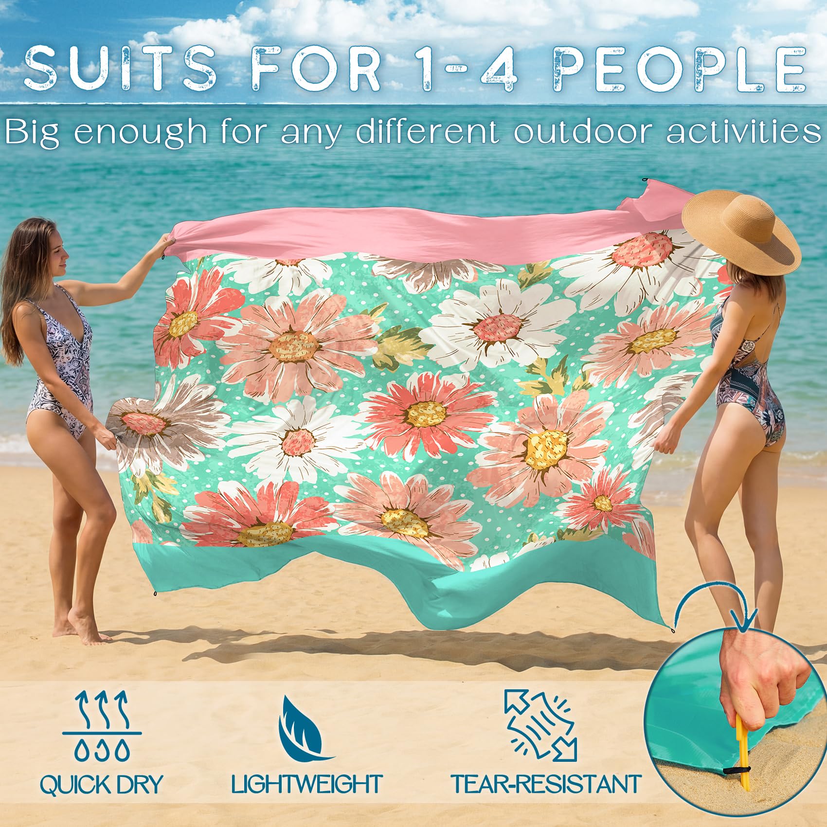 BYDOLL Koc plażowy, odporny na piasek, wodoodporny, 188 x 200 cm, dla 1-4 osób, kompaktowy, lekki, ponadwymiarowy, duży, mata piknikowa, koc plażowy na podróż, kemping, wędrówki, piknik