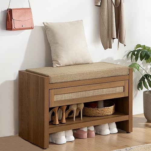 SICOTAS Rattan Shoe Bench Entryway Bench with Storage Drawer and Linen Seat Cushion, Farmhouse Boho Shoe Rack Bench with Shelf, Wooden Storage Bench