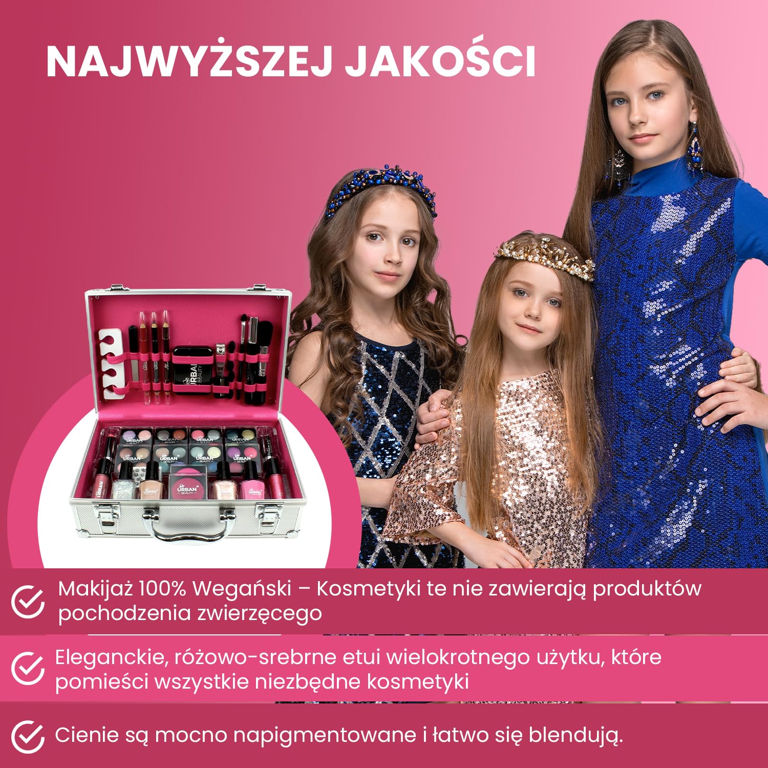 LOVE URBAN BEAUTY Wegańskie Olśniewające etui do makijażu – 60-częściowy zestaw do makijażu i paznokci dla nastolatków – Eleganckie srebrne pudełko – Kompaktowy i lekki design