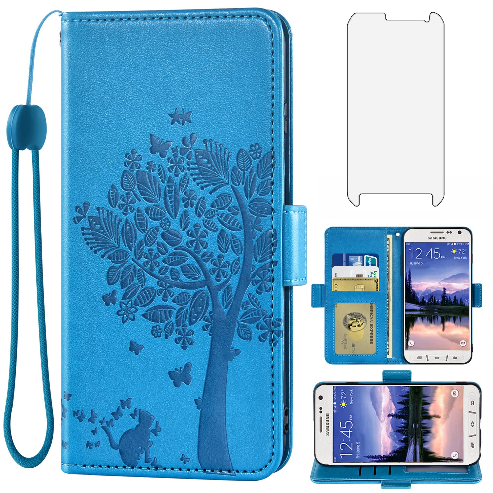 Asuwish Compatible with Samsung Galaxy S6 Active Wallet Case and Tempered Glass Screen Protector Flip Wrist Strap Card Holder Cell Phone Cover for Glaxay S6Active 6s S 6 6Active G890A Women Men Blue