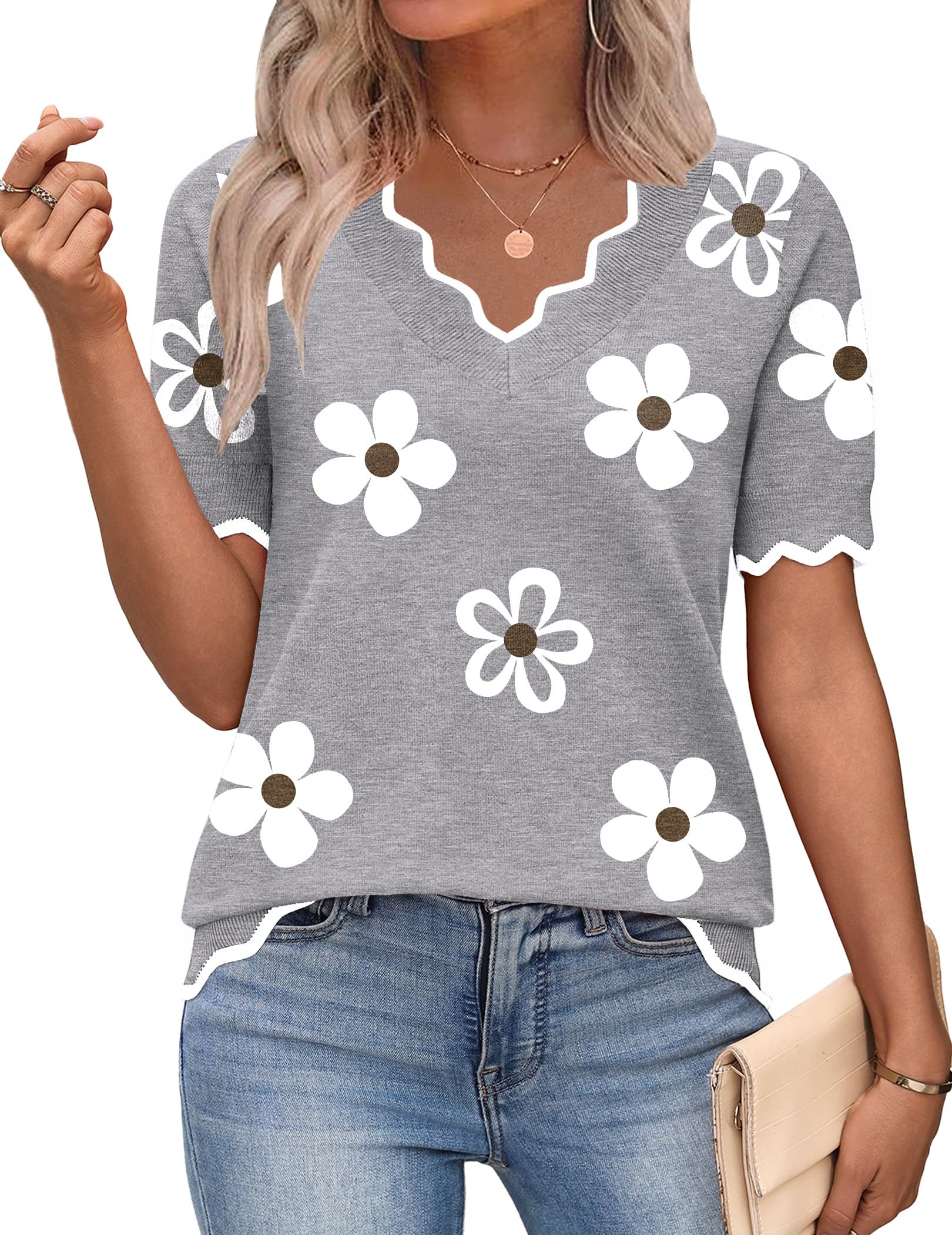 Zeagoo Womens Short Sleeve Sweater 2026 Spring Summer V Neck Lightweight Tops Dressy Blouses Business Casual Outfits