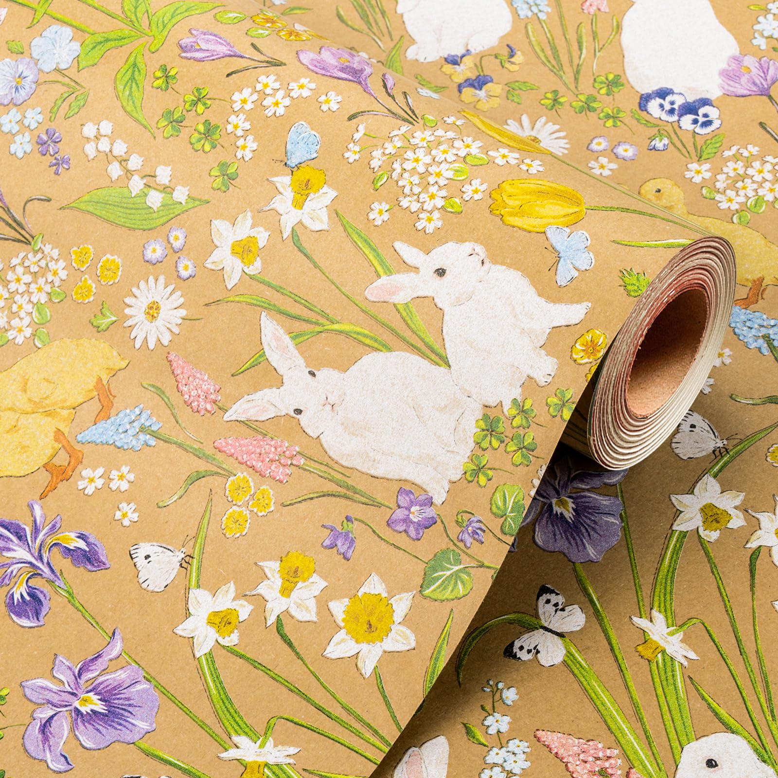 Wikadlik Kraft Easter Bunny Wrapping Paper - 43cm x 10m - Bunny in a Field of Spring Flowers Gift Wrap for Holiday, Decorations, Kids