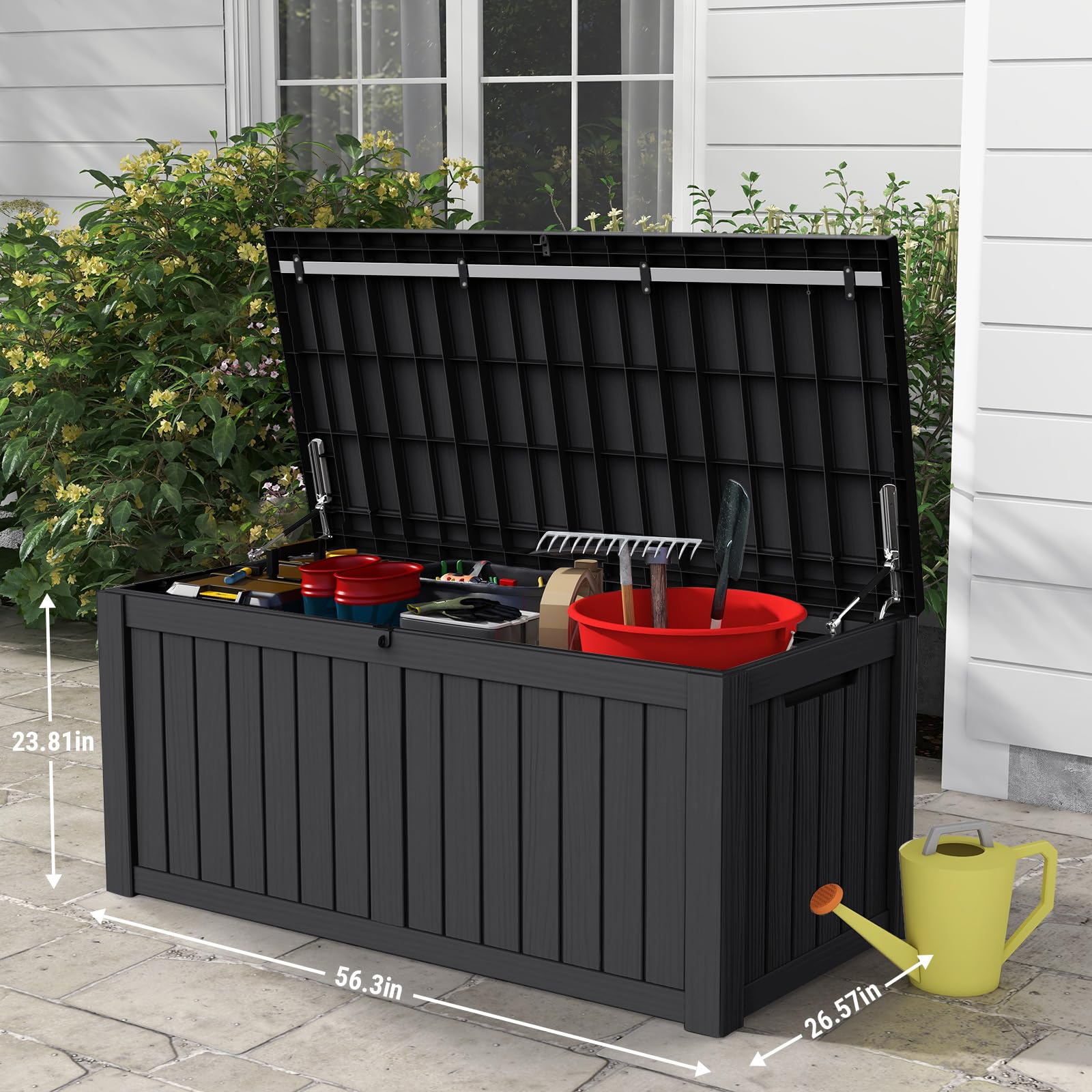 119 Gallon Outdoor Resin Deck Box, Waterproof Storage For Pool Supplies, Patio Cushions & Gardening Tools With Hydraulic Lid - Black