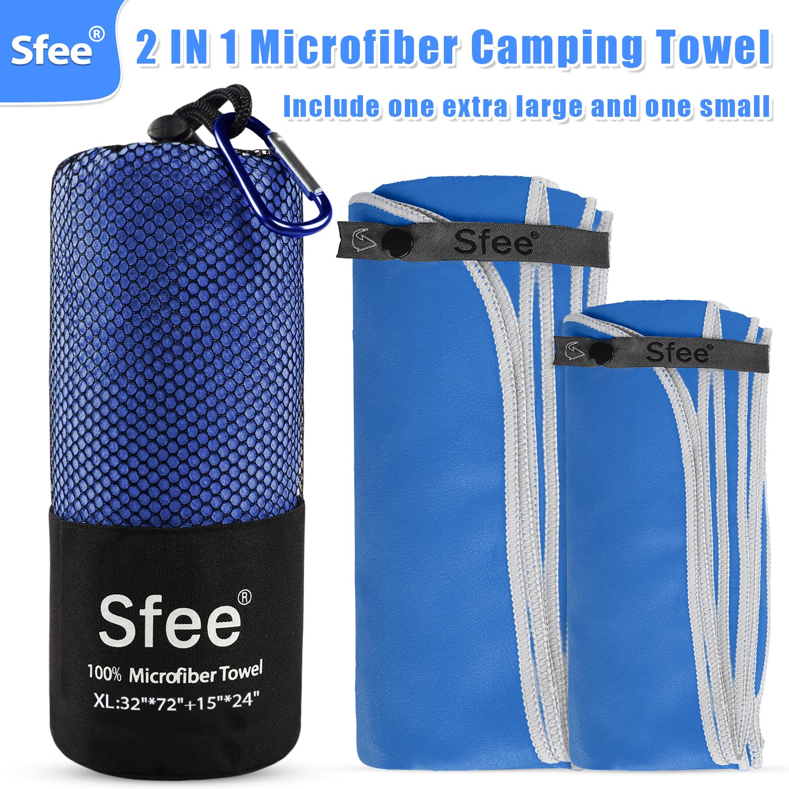 Sfee Paquete de 2 Toallas de Viaje de Microfibra, Toalla de Camping de Secado rápido, Toalla de Playa Grande, súper Absorbente, compacta, Ligera, para Gimnasio, Senderismo, Piscina, mochileros, baño