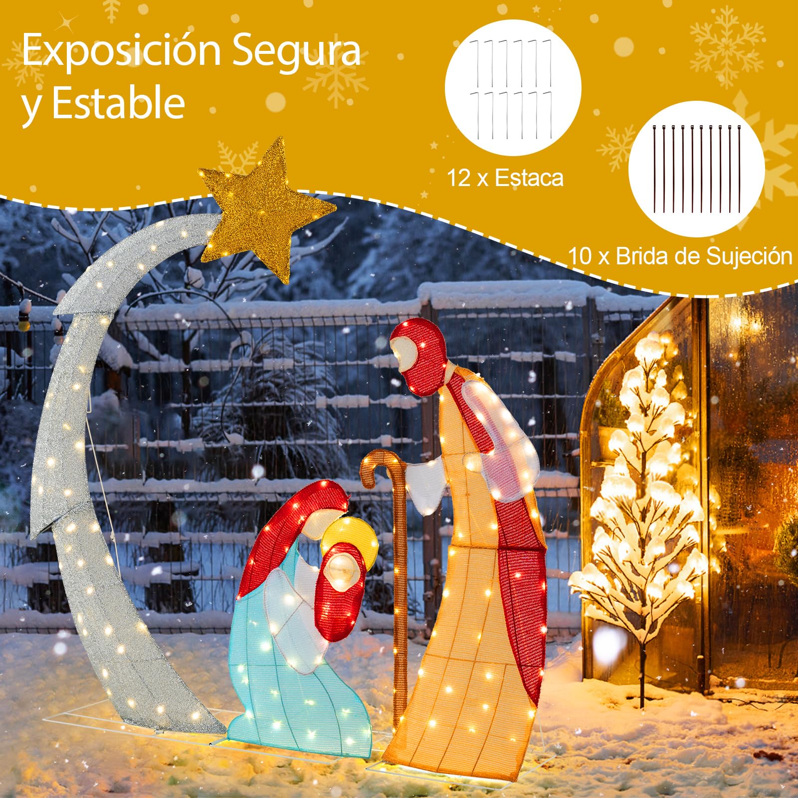 GOPLUS Belén de Navidad Exterior de 151cm, Adornos Navidad Exterior y Interior, Figuras de Portal de Escena con 140 Luces LED, luz Blanca cálida para Balcon (Jesús 151 CM)