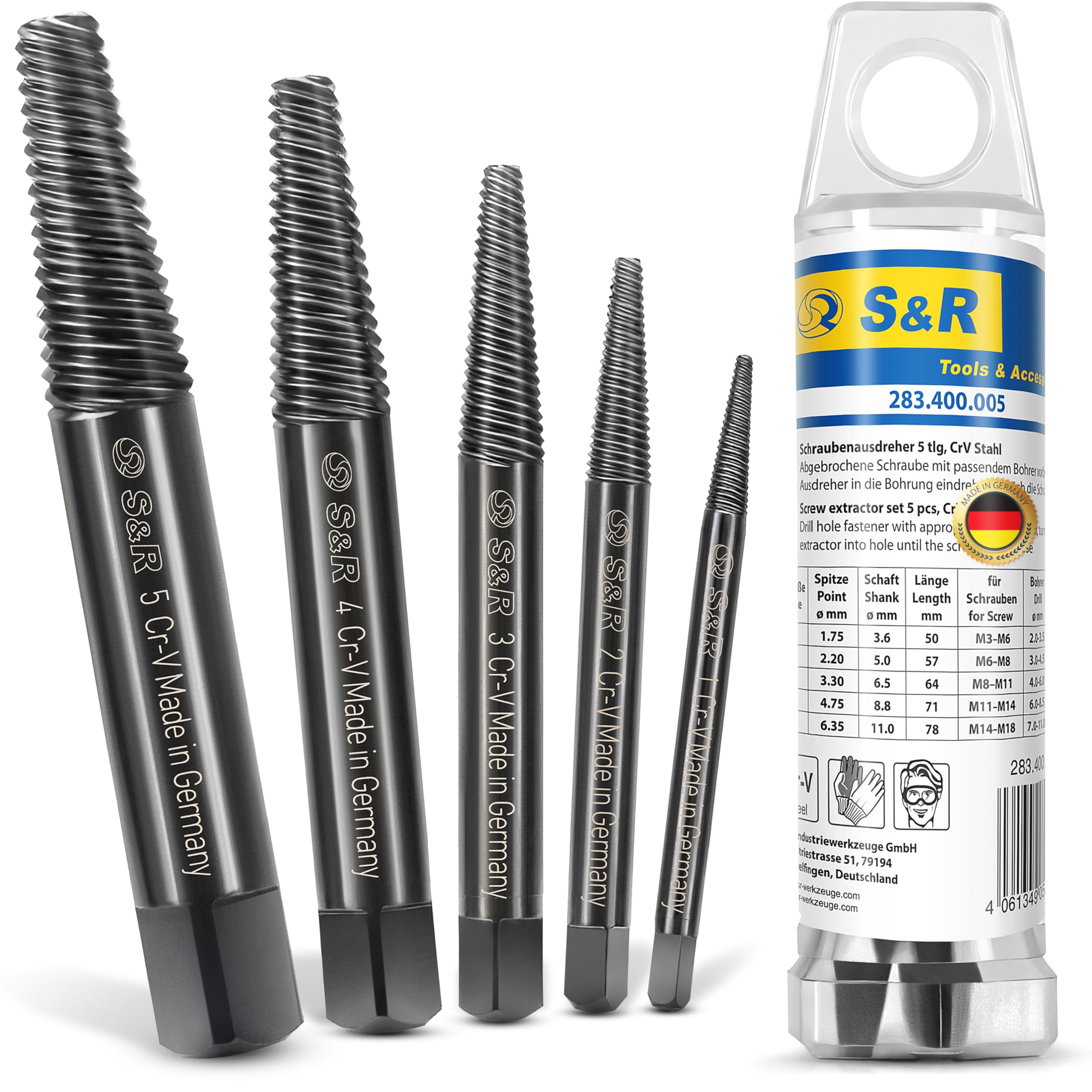 S&R Estrattore Viti Danneggiate Rotazione a SINISTRA Set 5 pz MADE IN GERMANY Per Viti e Bulloni da 3 a 18 mm
